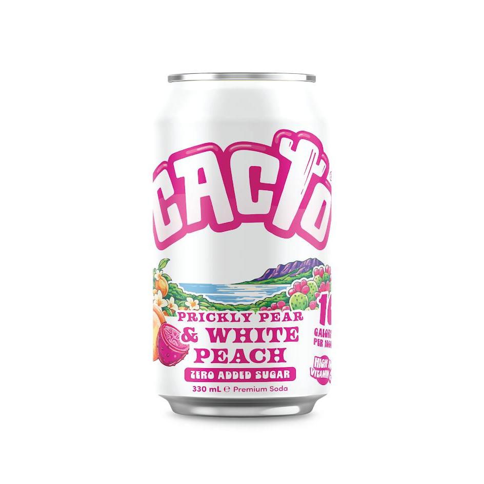 White Cacto Prickly Pear & White Peach 330ml soda can with pink logo and fruit illustration.