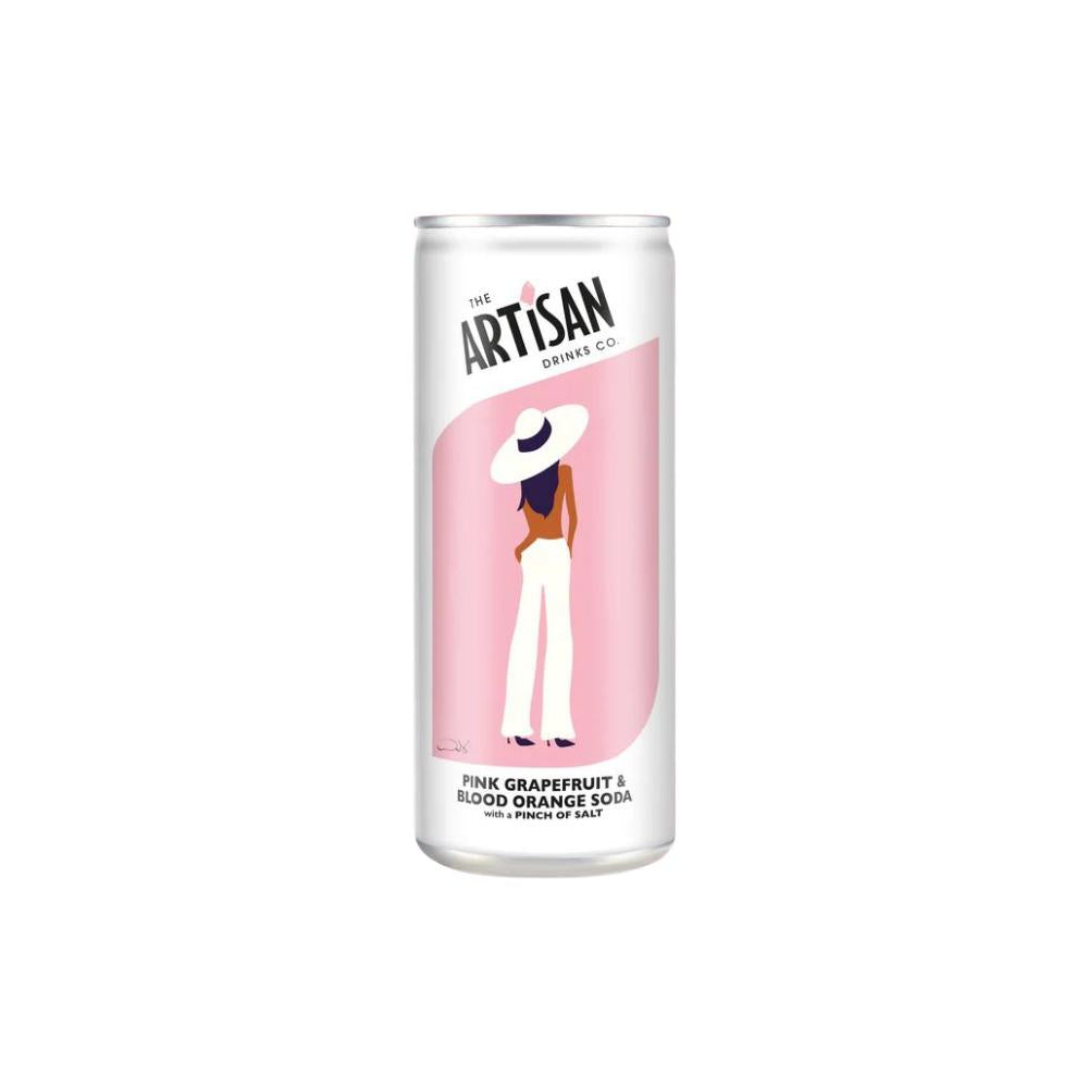 White Artisan Drinks Co. can with pink label featuring a woman in a white hat and pants, "Pink Grapefruit & Blood Orange Soda" text.
