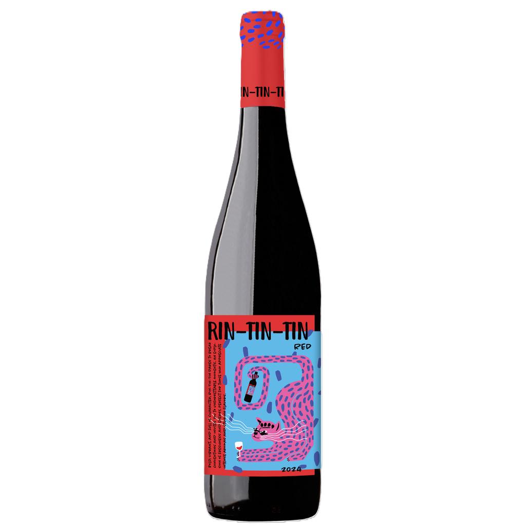 Rin Tin Tin Red Wine bottle with a vibrant blue and pink abstract label, red foil cap.