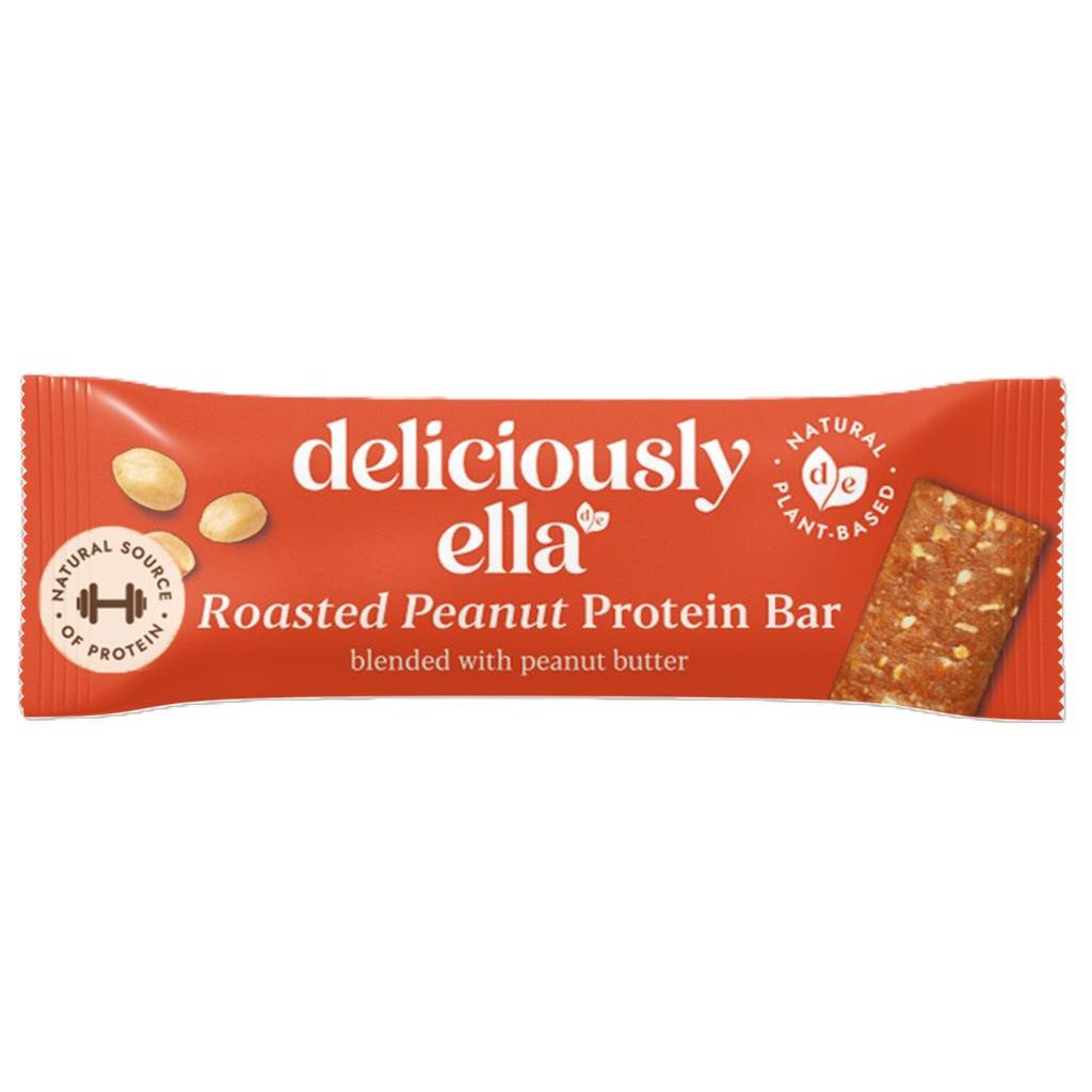 Deliciously Ella Roasted Peanut Protein Bar in a vibrant orange wrapper with whole peanuts and a bar visible.