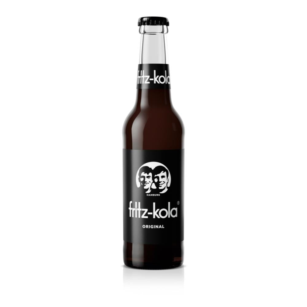 Fritz-Kola Original 330ml glass bottle with dark cola liquid, black label, and silver cap.