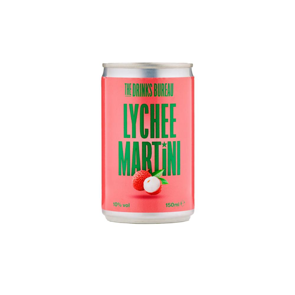 Red 150ml Lychee Martini can with green text, 10% ABV, and lychee fruit graphic.