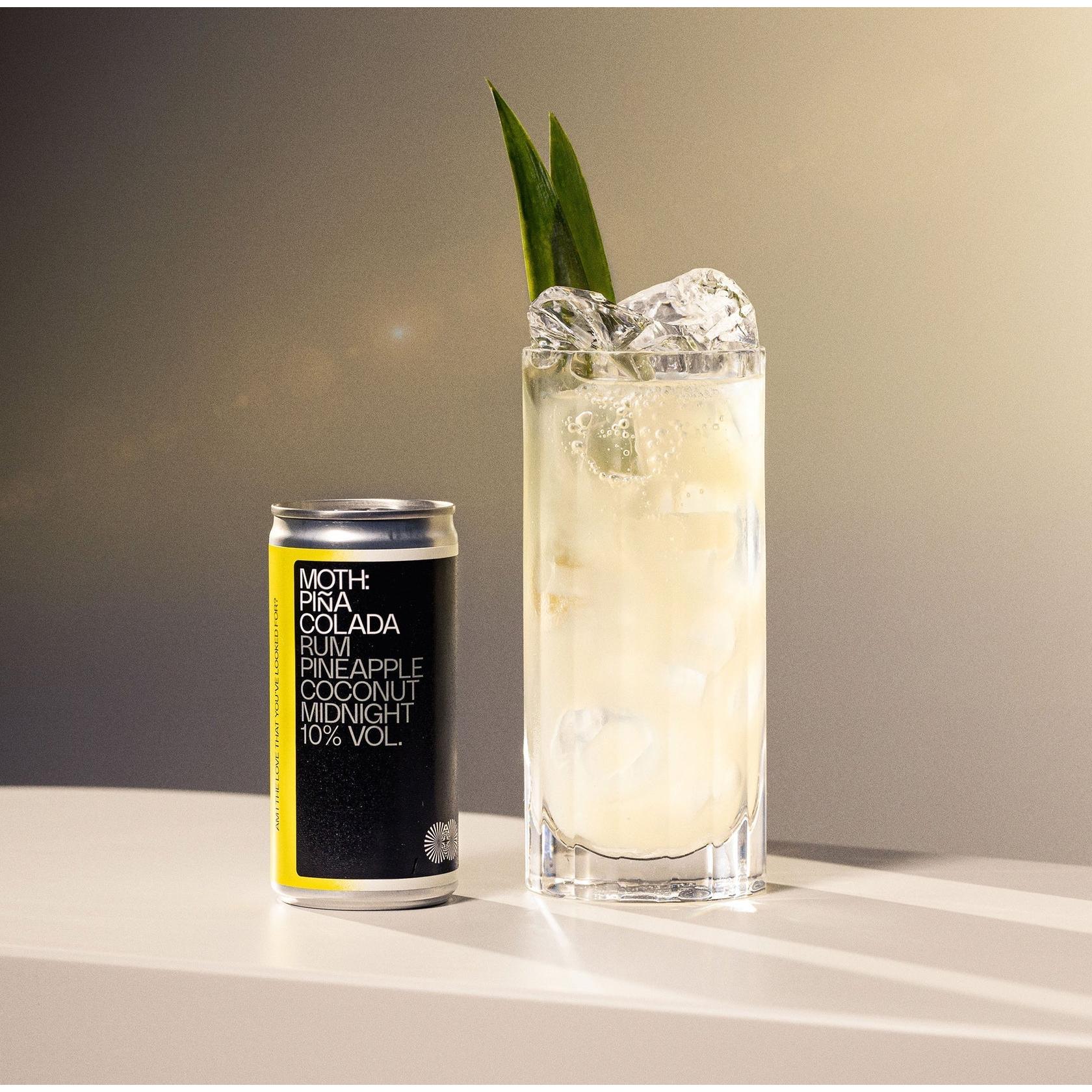 MOTH: PIÑA COLADA 200ml can next to a tall glass of the cocktail with ice and green garnish.
