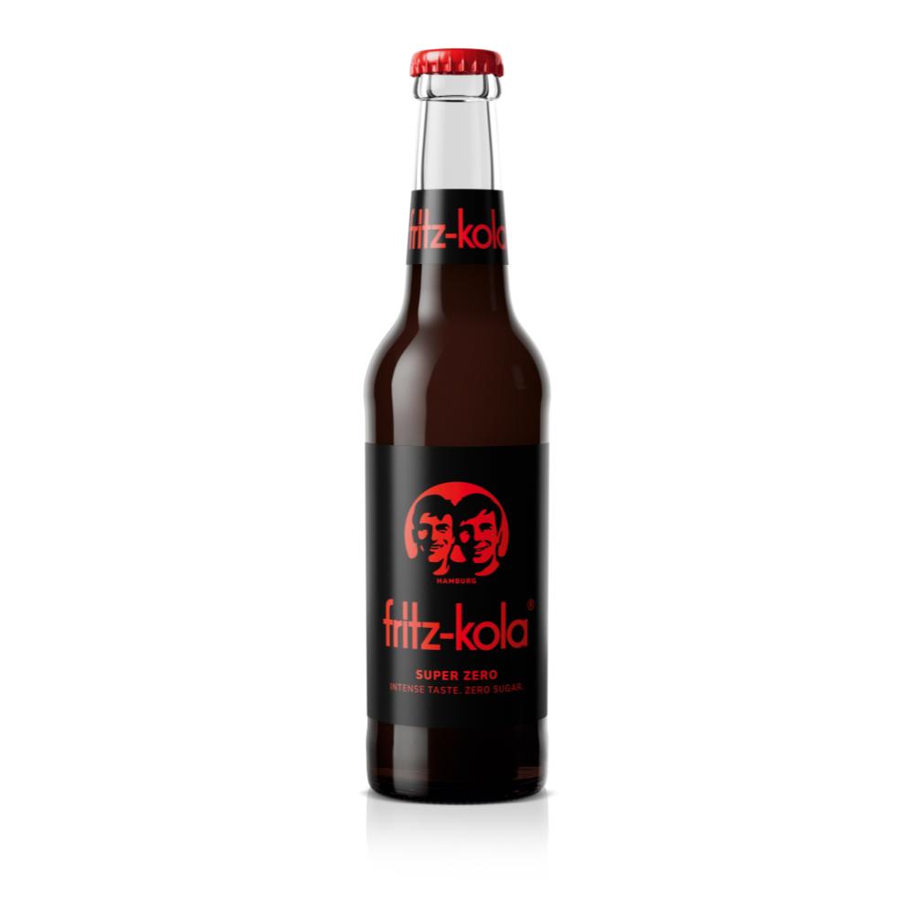 Fritz Kola Super Zero 330ml glass bottle with black label, red text, and red bottle cap.