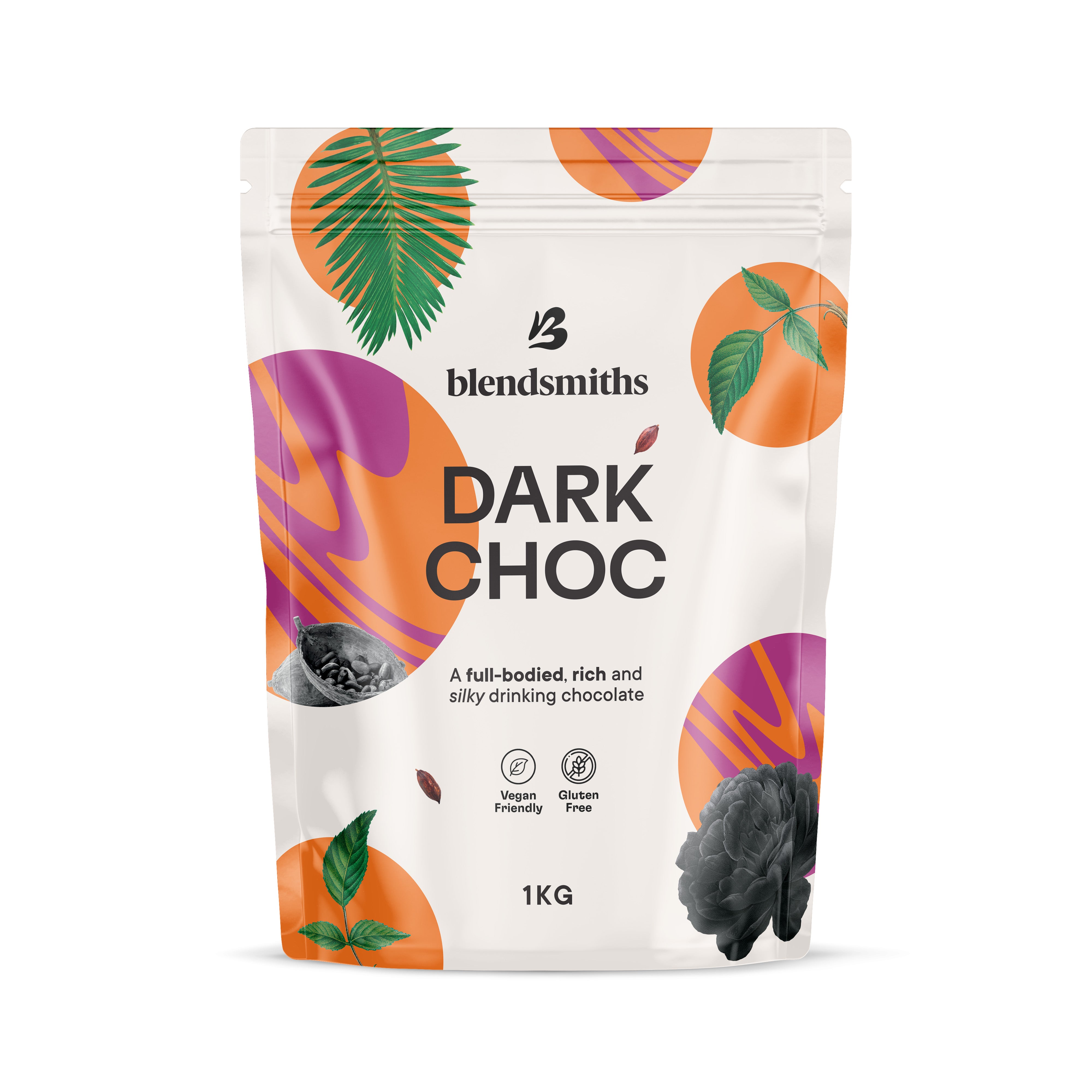 Blendsmiths Dark Choc 1kg pouch with tropical leaf and cacao pod designs.