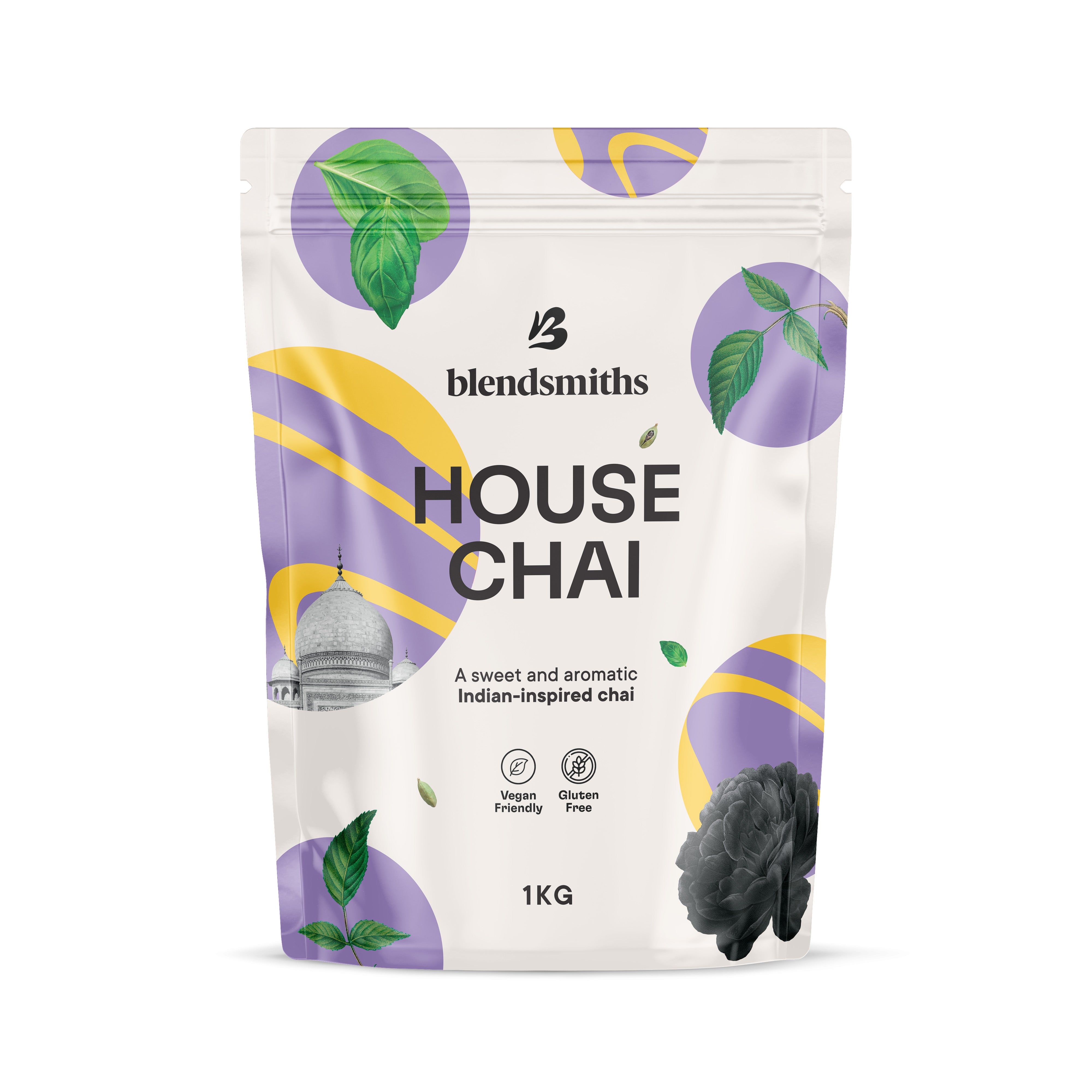 Blendsmiths House Chai Blend 1kg pouch, white with purple and yellow accents, featuring a dome and leaves.