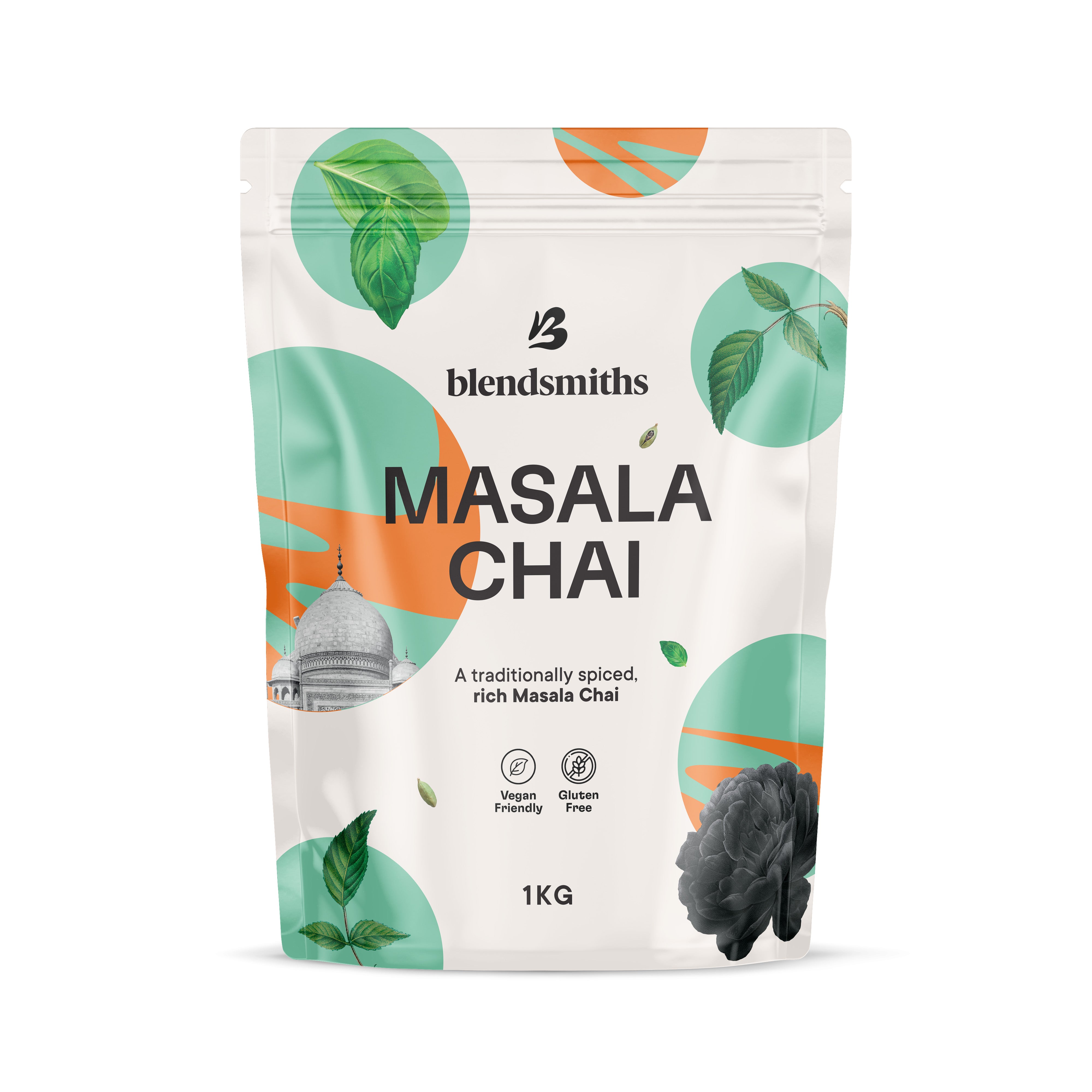 Blendsmiths Masala Chai 1kg white pouch with green and orange accents, featuring spices and a dome.
