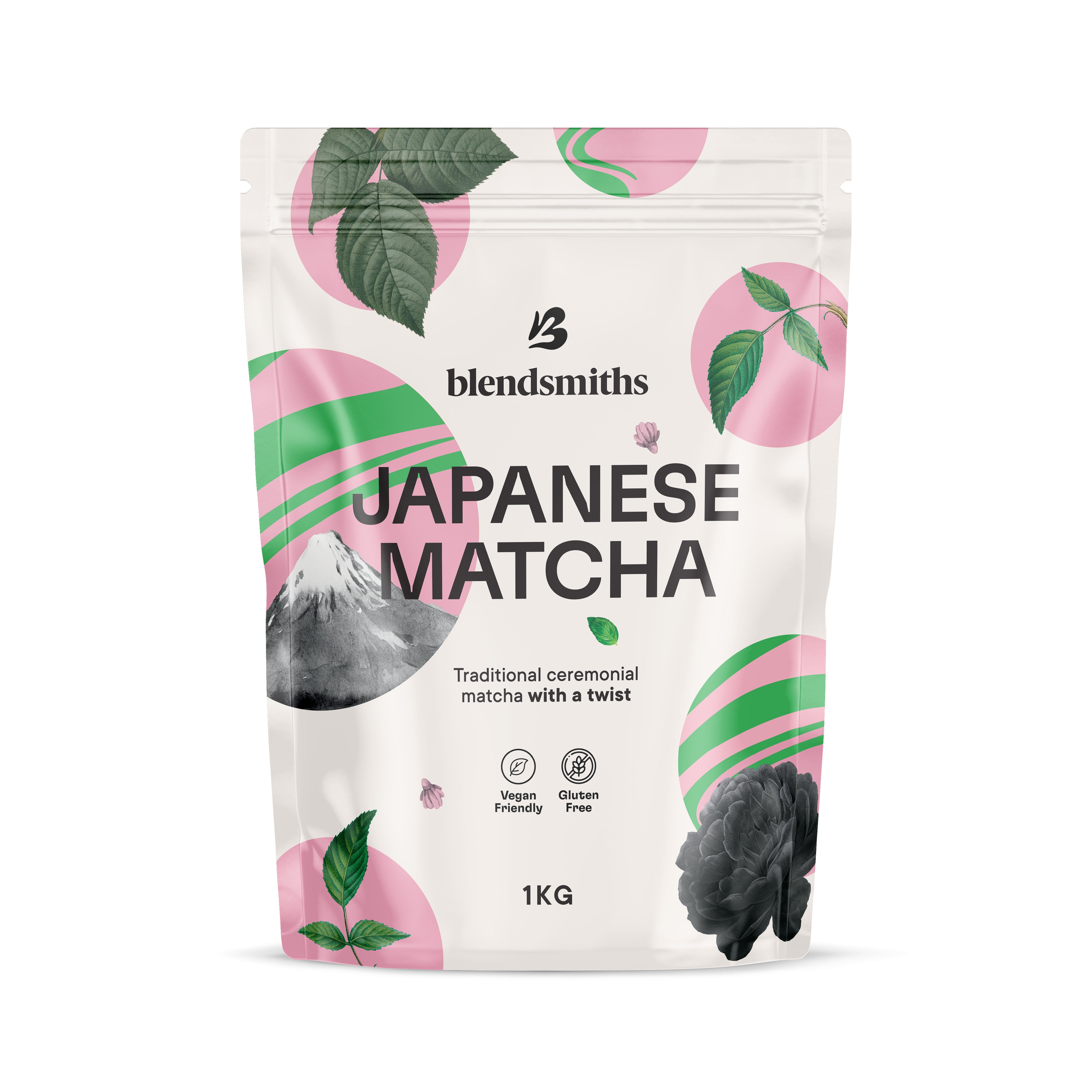Blendsmiths Japanese Matcha Blend 1KG pouch with pink, green, and black floral design.