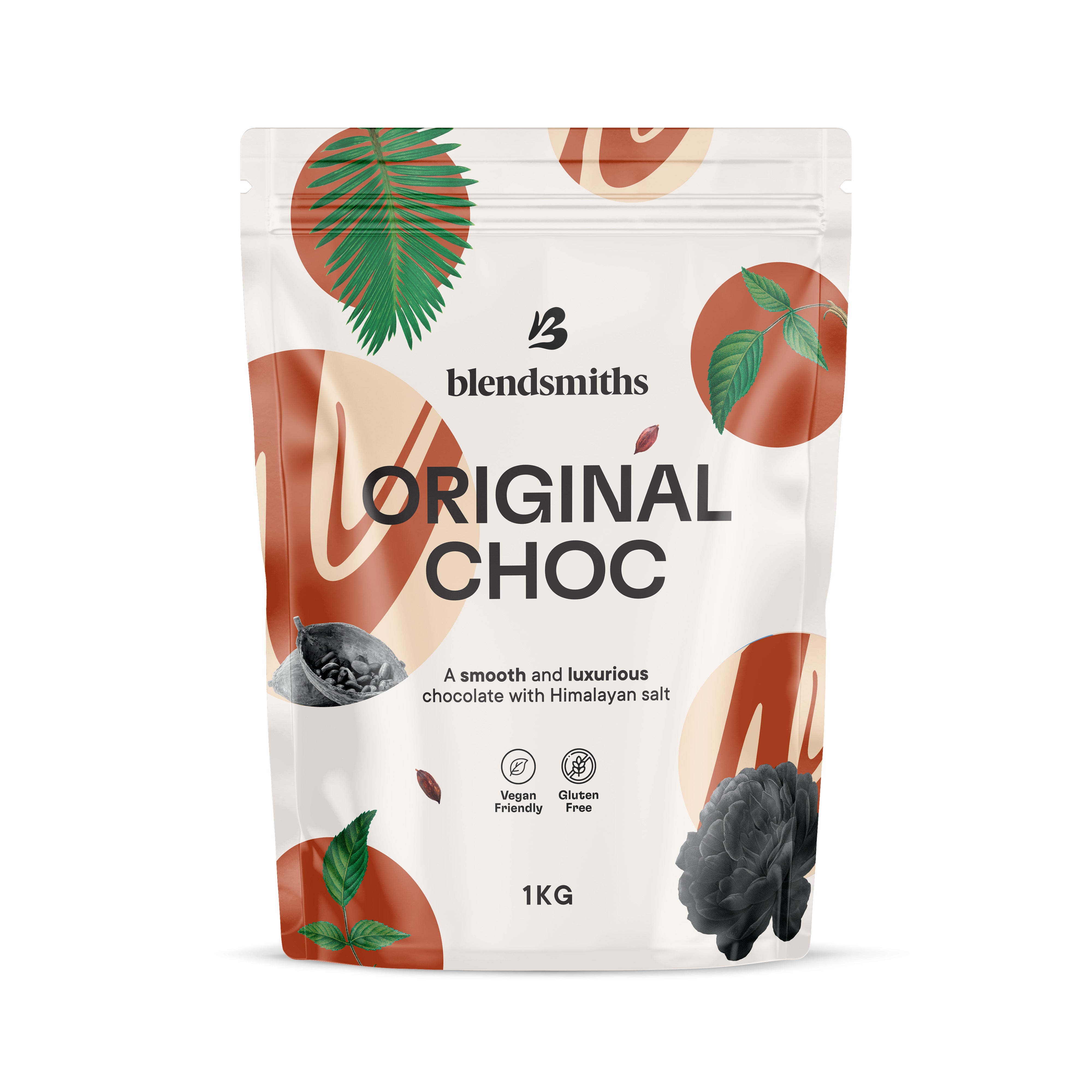 Blendsmiths Original Chocolate Blend 1kg pouch with tropical leaf and cacao pod design.