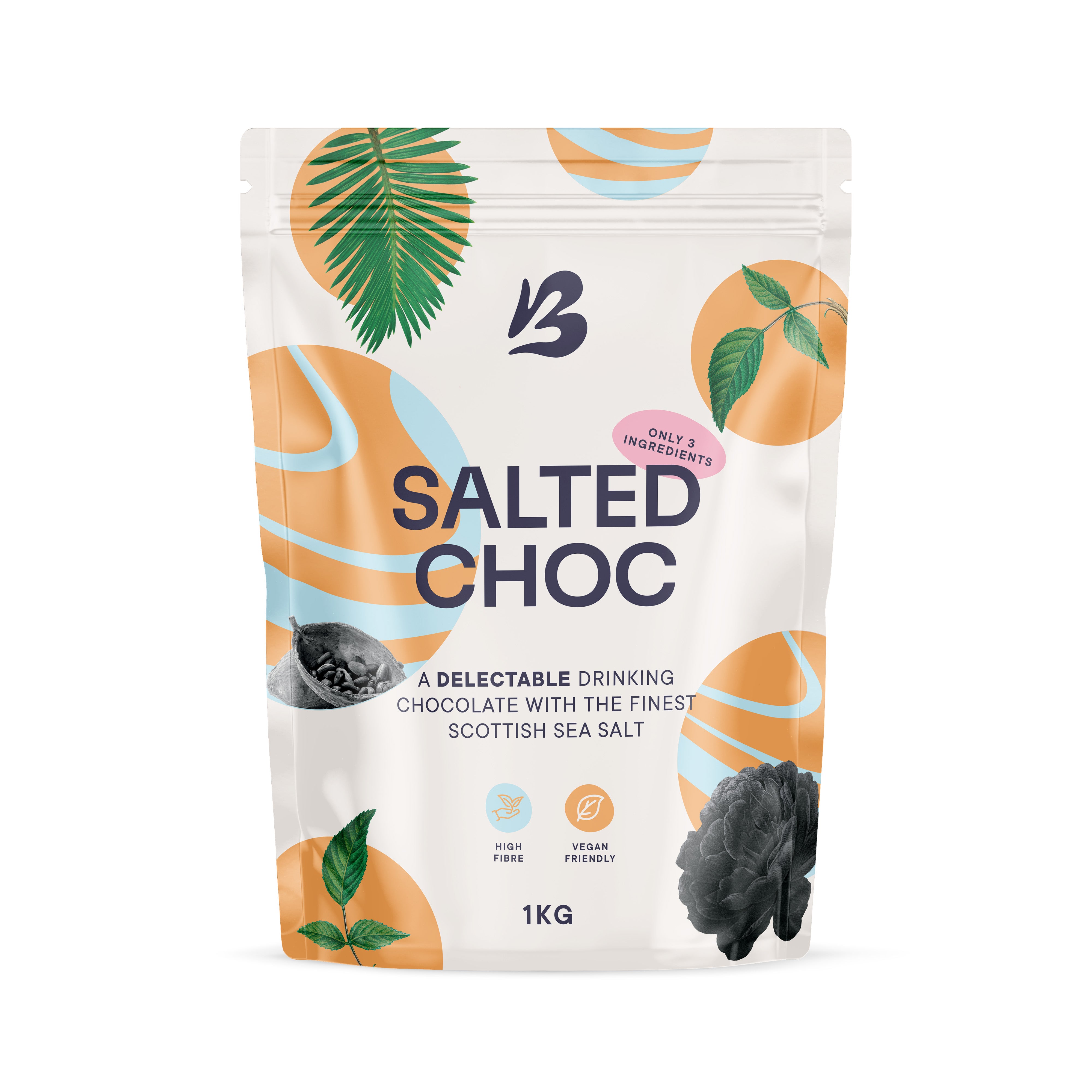 White Blendsmiths Chill'd Salted Choc 1kg pouch with tropical leaf and cocoa pod designs.
