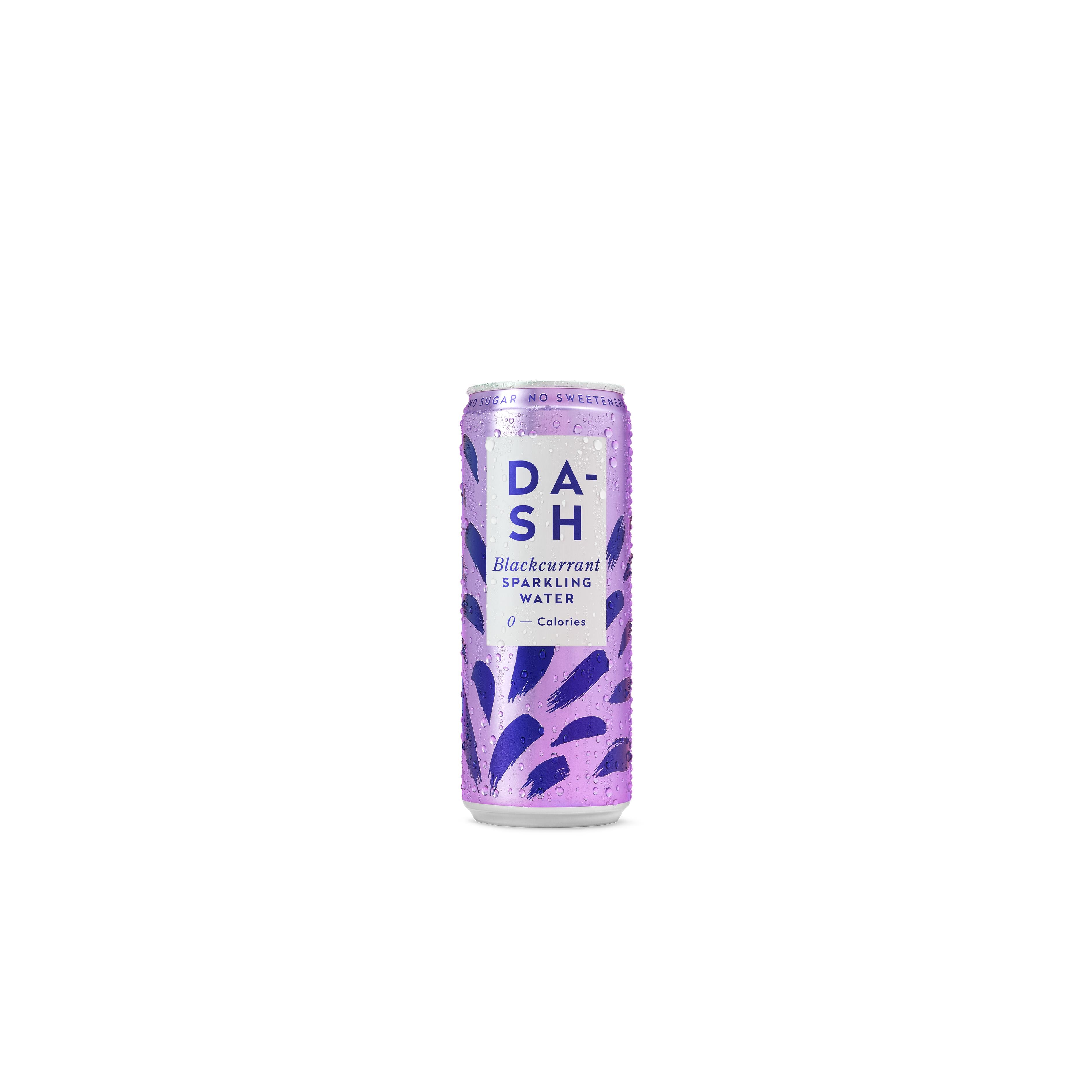 DASH Sparkling Blackcurrant water can, purple with white logo and water droplets.