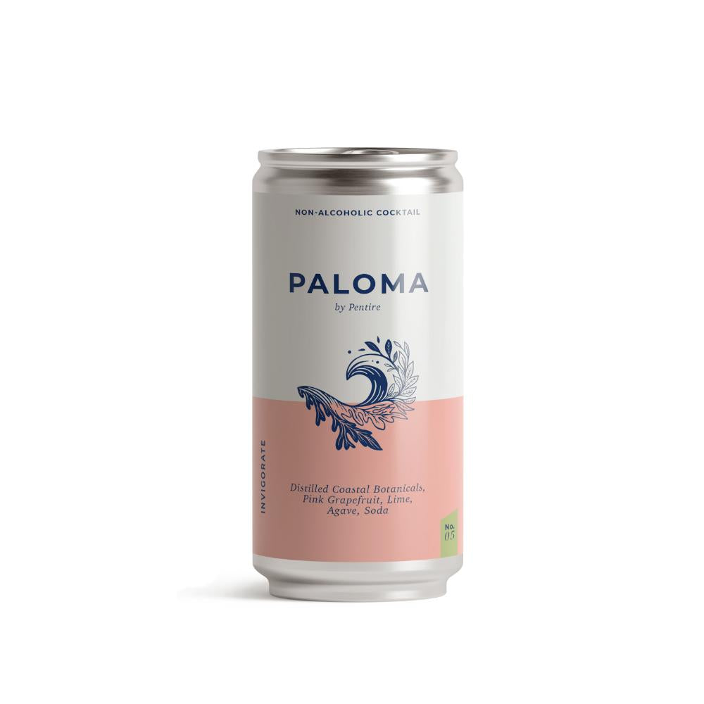 Pentire Paloma non-alcoholic cocktail can, white and pink with blue wave and botanical design.