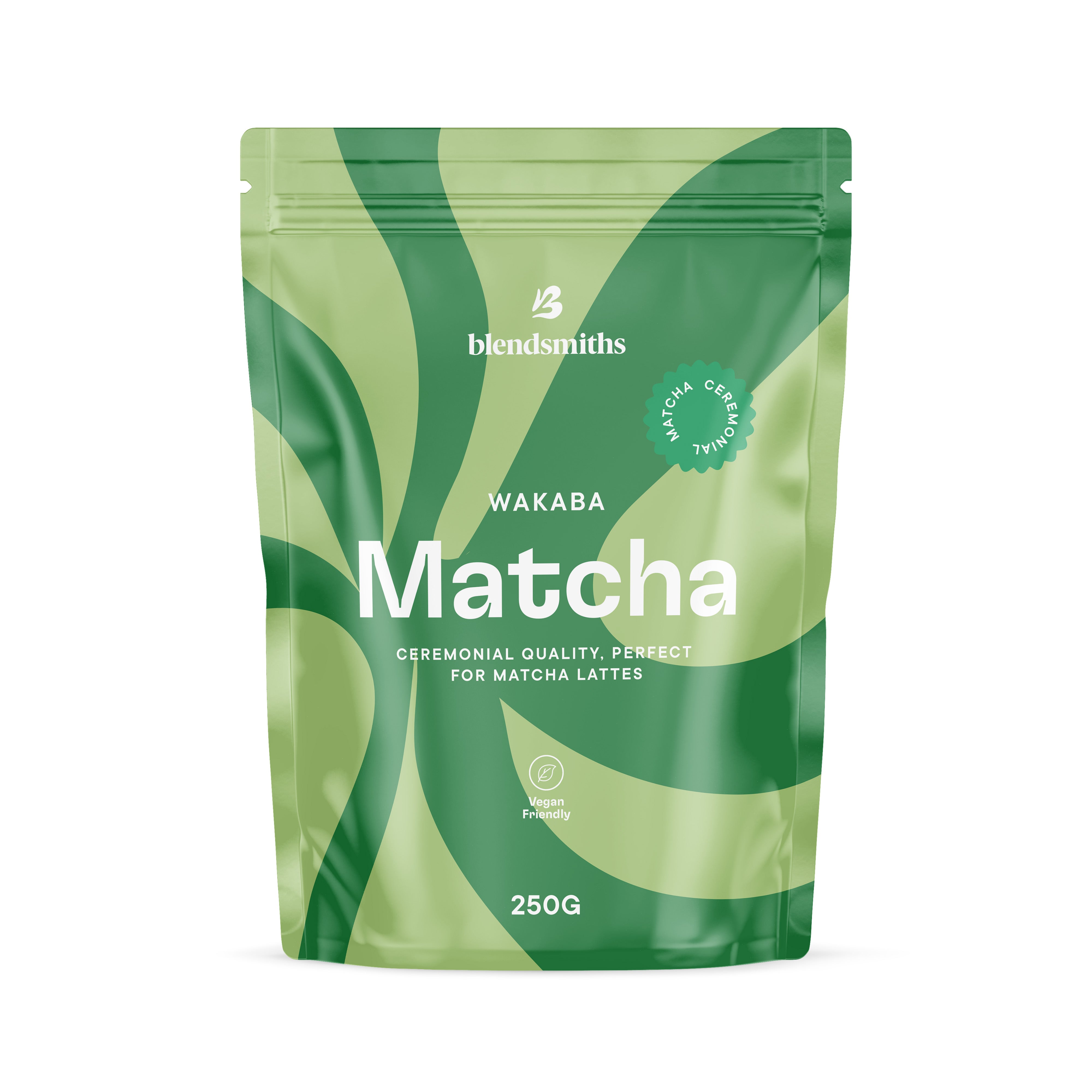 Blendsmiths Wakaba Ceremonial Matcha, 250g, in a green pouch with wavy design and white text.