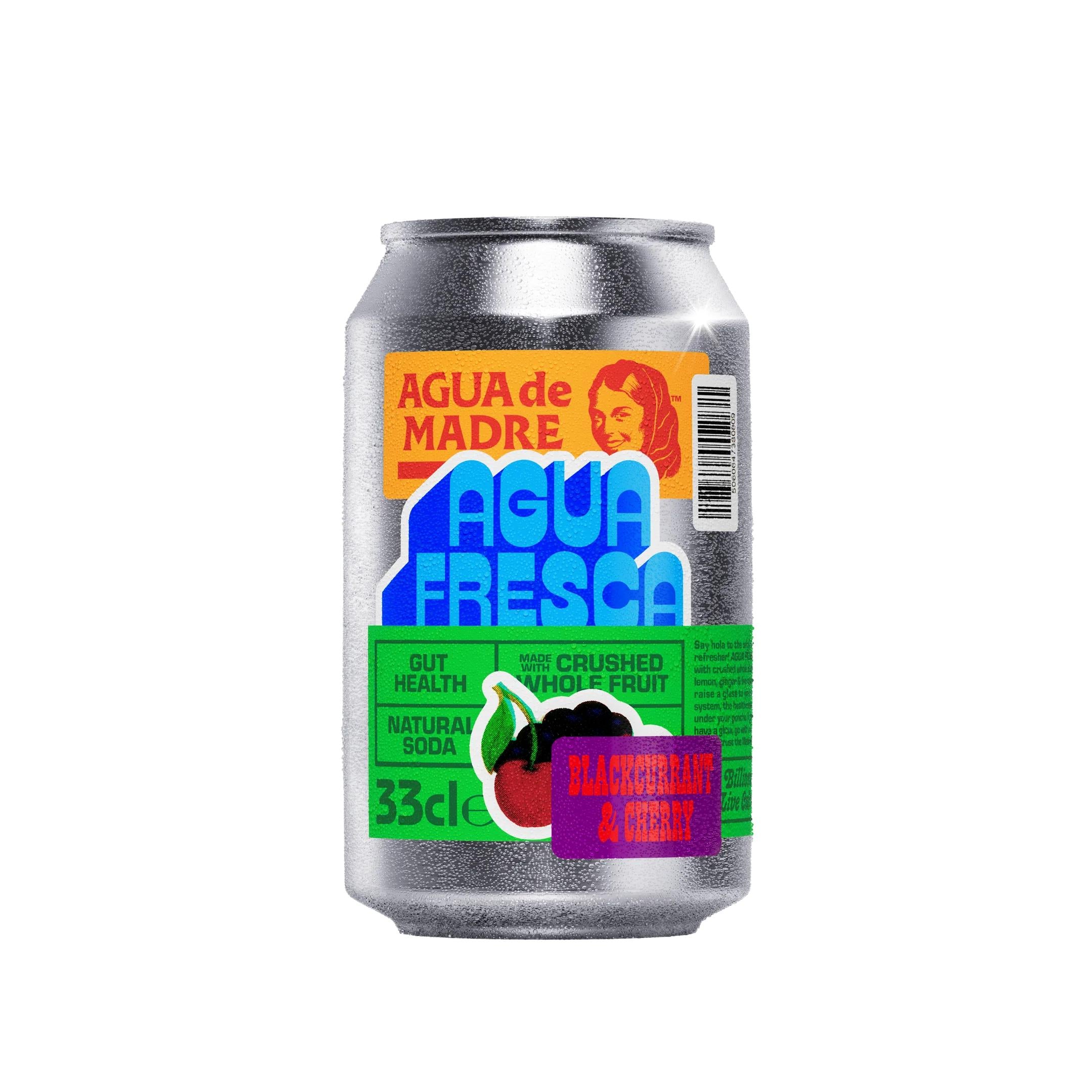 Silver Agua de Madre Agua Fresca Blackcurrant & Cherry can with colorful label, fruit illustration, and text.