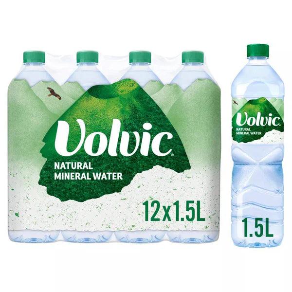 Volvic Natural Mineral Water 12 x 1.5L pack with green caps and mountain label design.