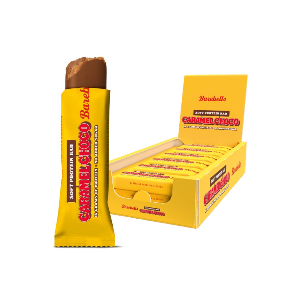 Barebells Caramel Choco soft protein bar in yellow wrapper, with an open bar showing chocolate filling, next to a box of 12.