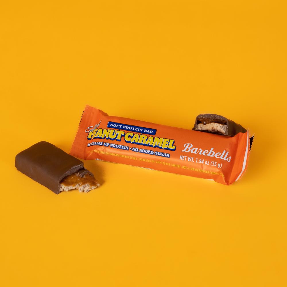 Barebells Salted Peanut Caramel Soft Bar, milk chocolate coating, fluffy caramel, and peanut crunch.