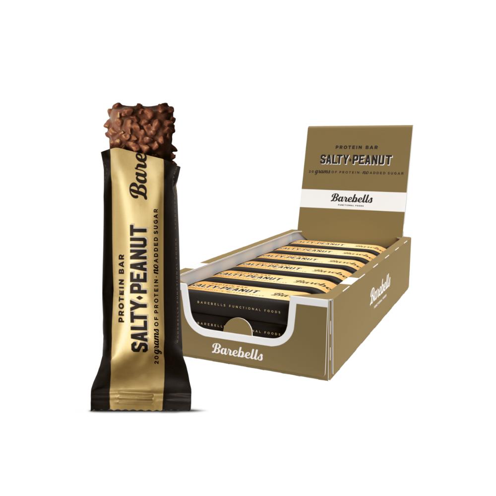 Barebells Salty Peanut protein bar, unwrapped to show milk chocolate and peanuts, next to a 12-count display box.