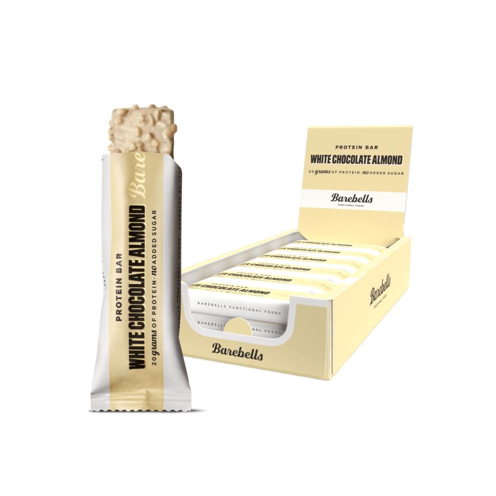 Barebells White Chocolate Almond protein bar, unwrapped to show the white chocolate and almond topping, with a box of 12 bars behind it.