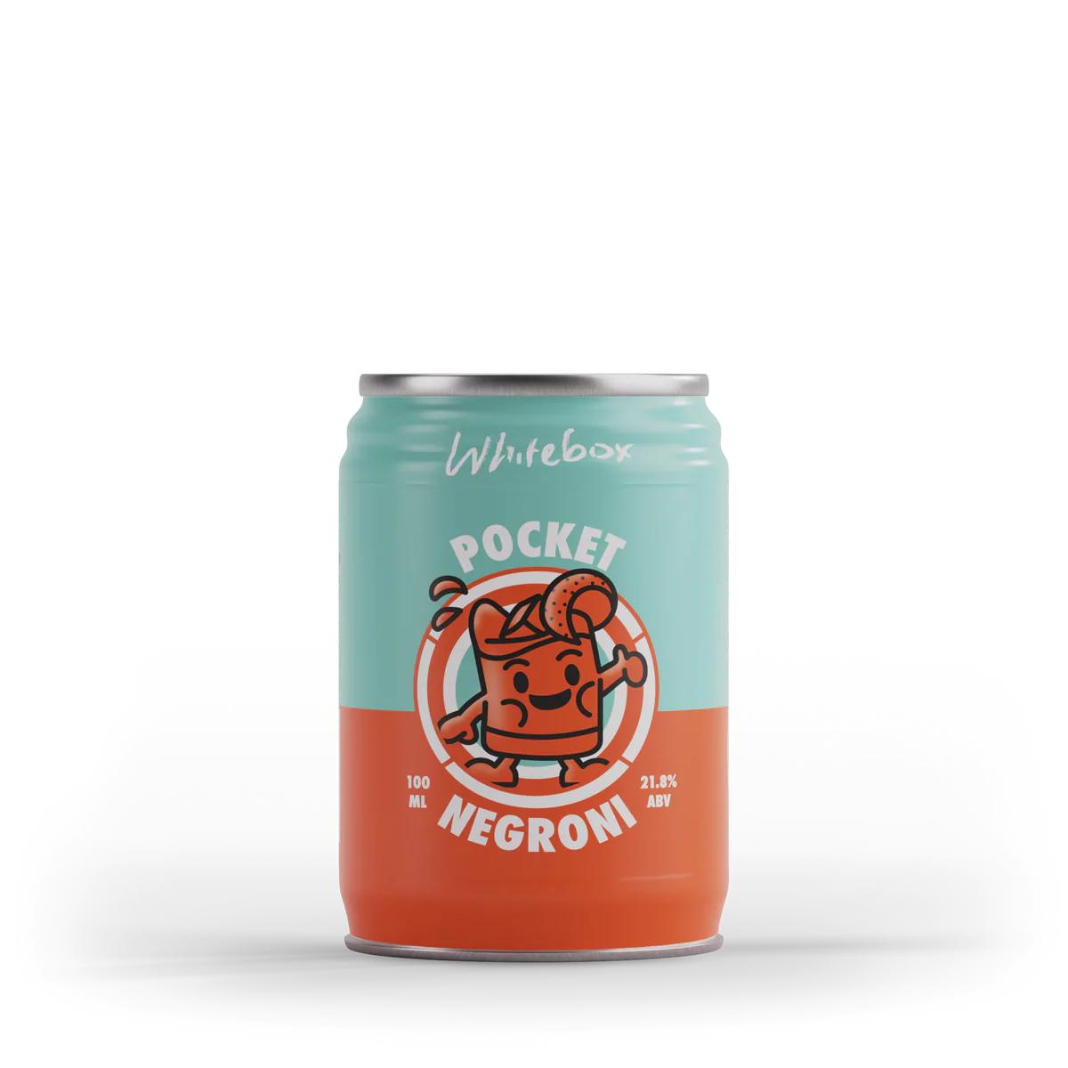 Whitebox Pocket Negroni 100ml can with a teal top and orange bottom, featuring a cartoon cocktail character.