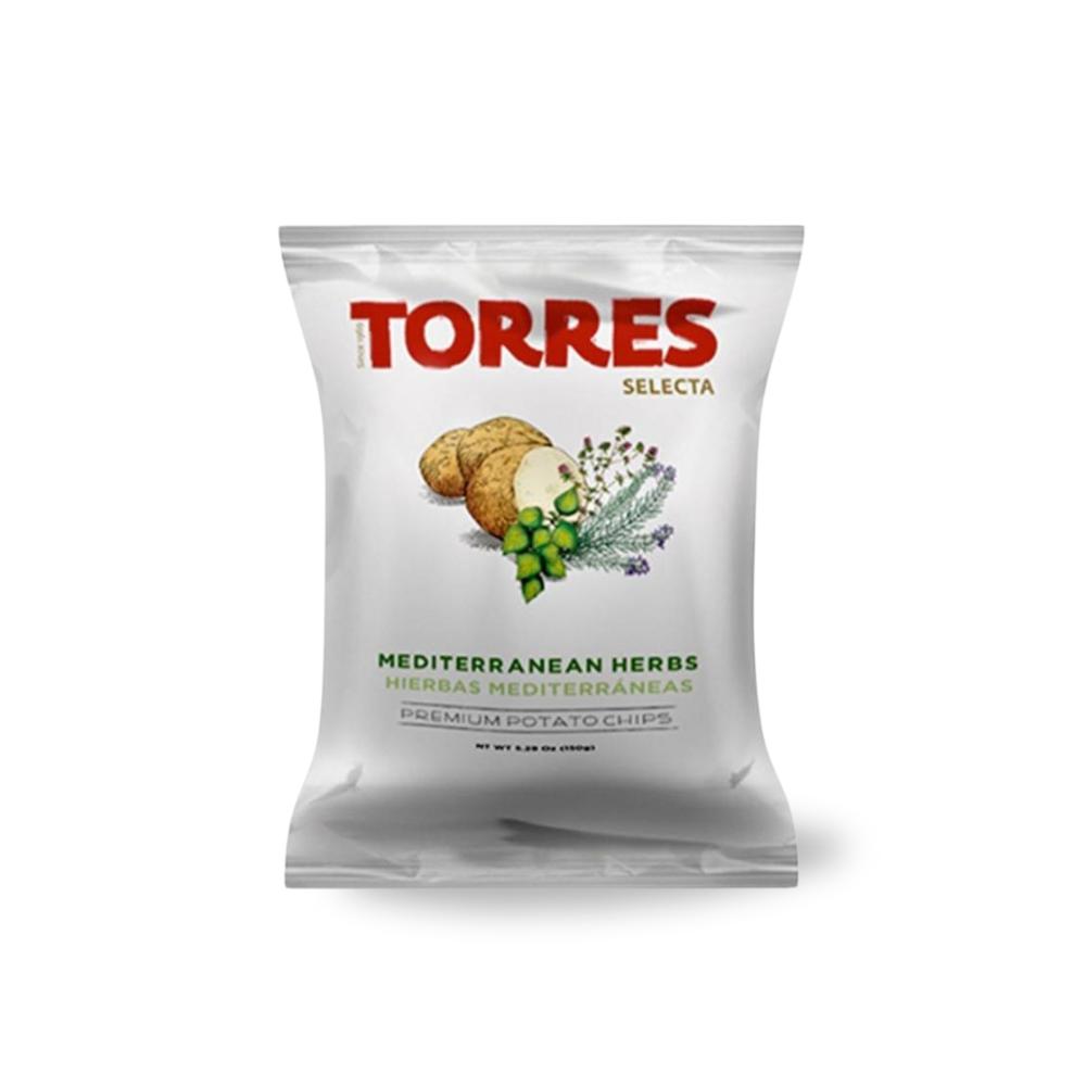 White Torres Selecta Mediterranean Herbs Premium Potato Chips bag with potatoes and herbs design.