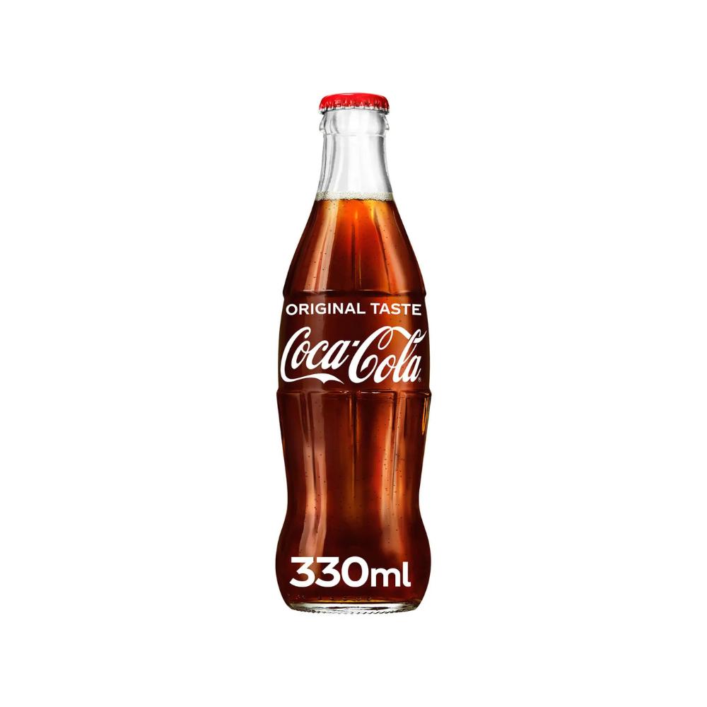 Single 330ml Coca-Cola Original Taste glass bottle with a red cap and classic label.