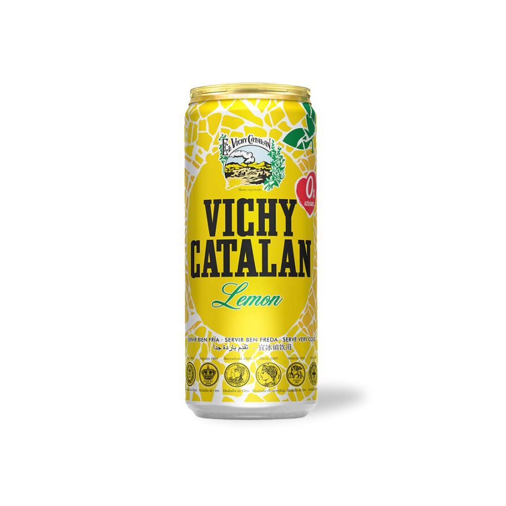 Vichy Catalan Limón 330ml can with yellow and white mosaic pattern, "0% Azúcar" label, and gold top.