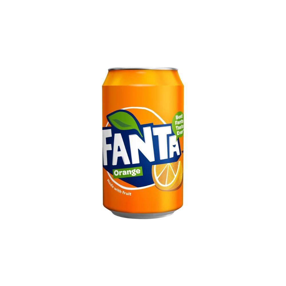 Single orange Fanta Classic 330ml can with green logo, leaf, and orange slice design.