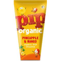 Pip Organic Pineapple & Mango smoothie pouch, yellow with red "Pip" logo and cartoon fruit characters.