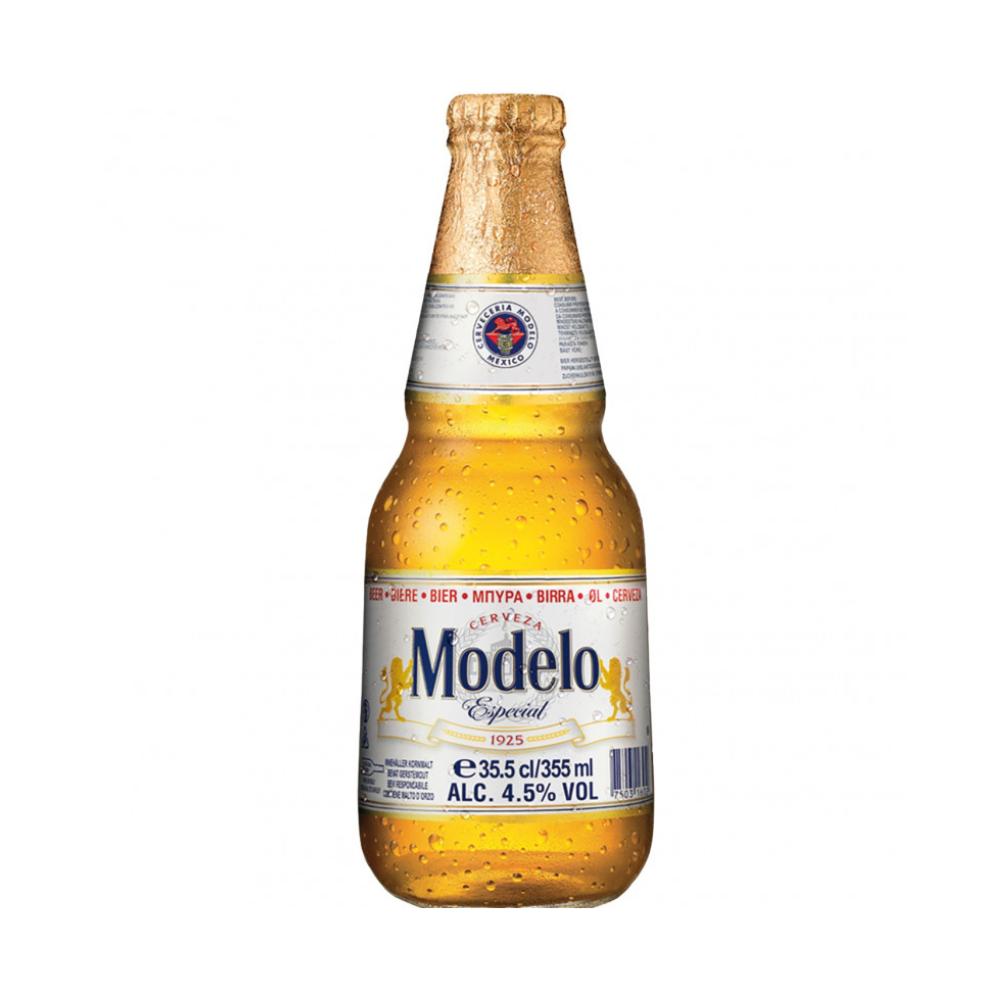 Modelo Especial 355ml beer bottle with gold foil top and white label, 4.5% ALC.