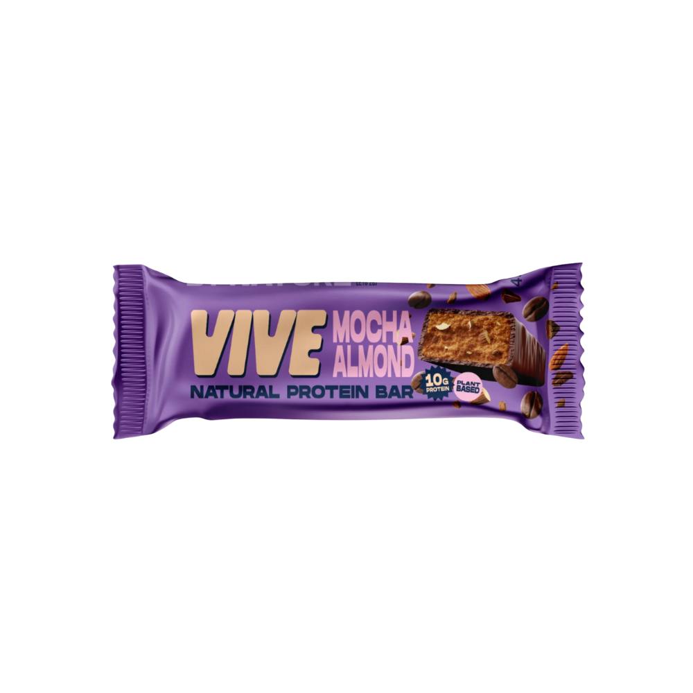 VIVE Mocha Almond natural protein bar in purple packaging, showing a cross-section and coffee beans.