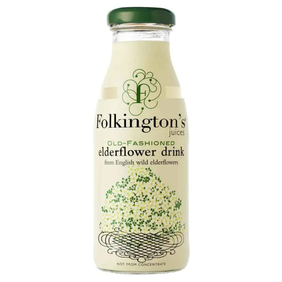 Folkington's Old-Fashioned Elderflower Drink in a clear glass bottle with a green cap and floral label.