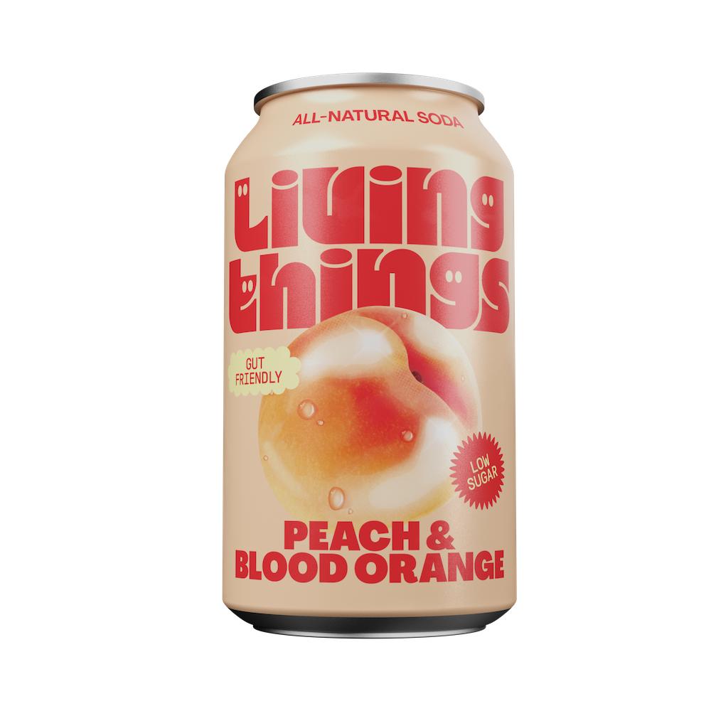 Living Things peach & blood orange prebiotic soda can with peach illustration.