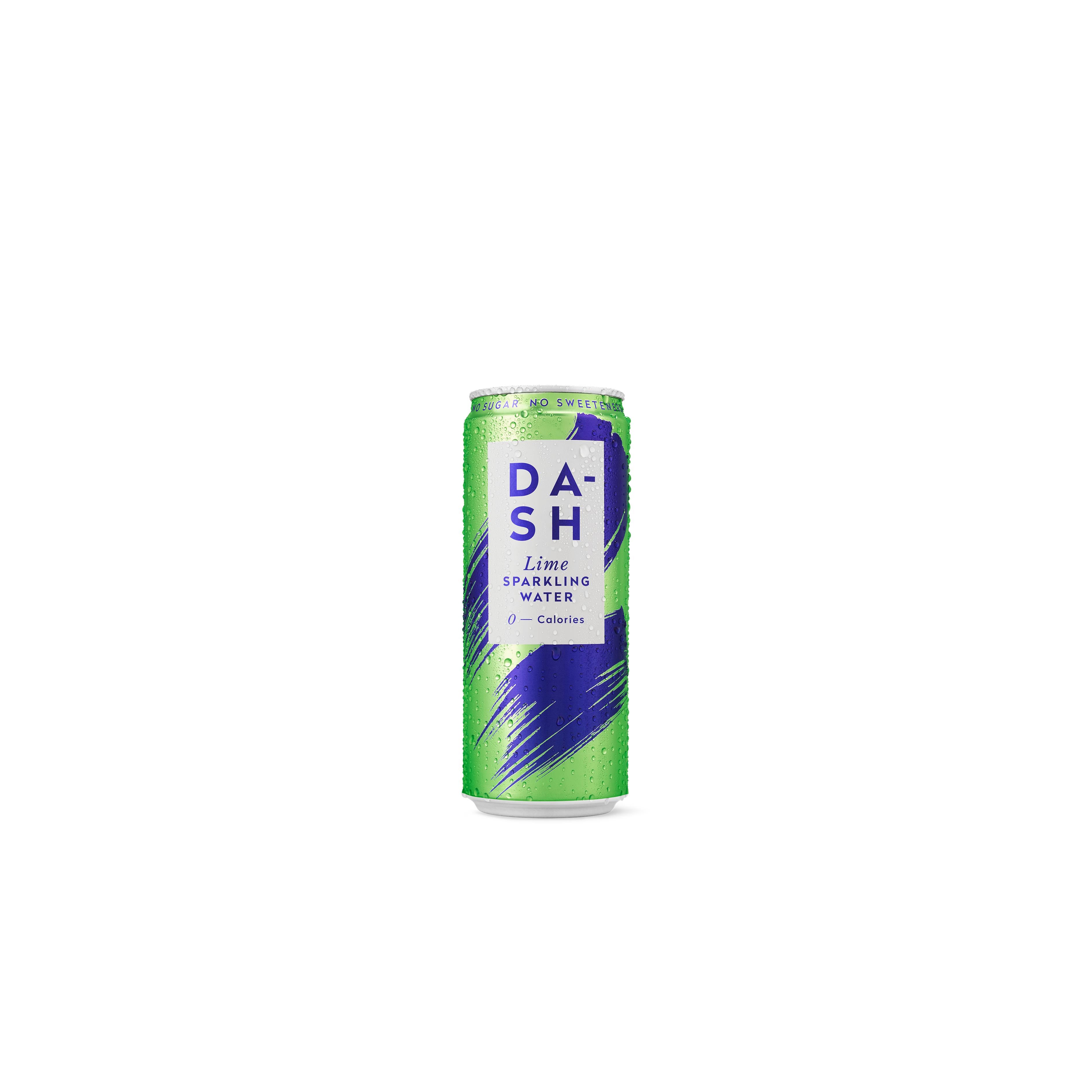 DASH Sparkling Lime water can, bright green with purple brushstrokes, covered in condensation.