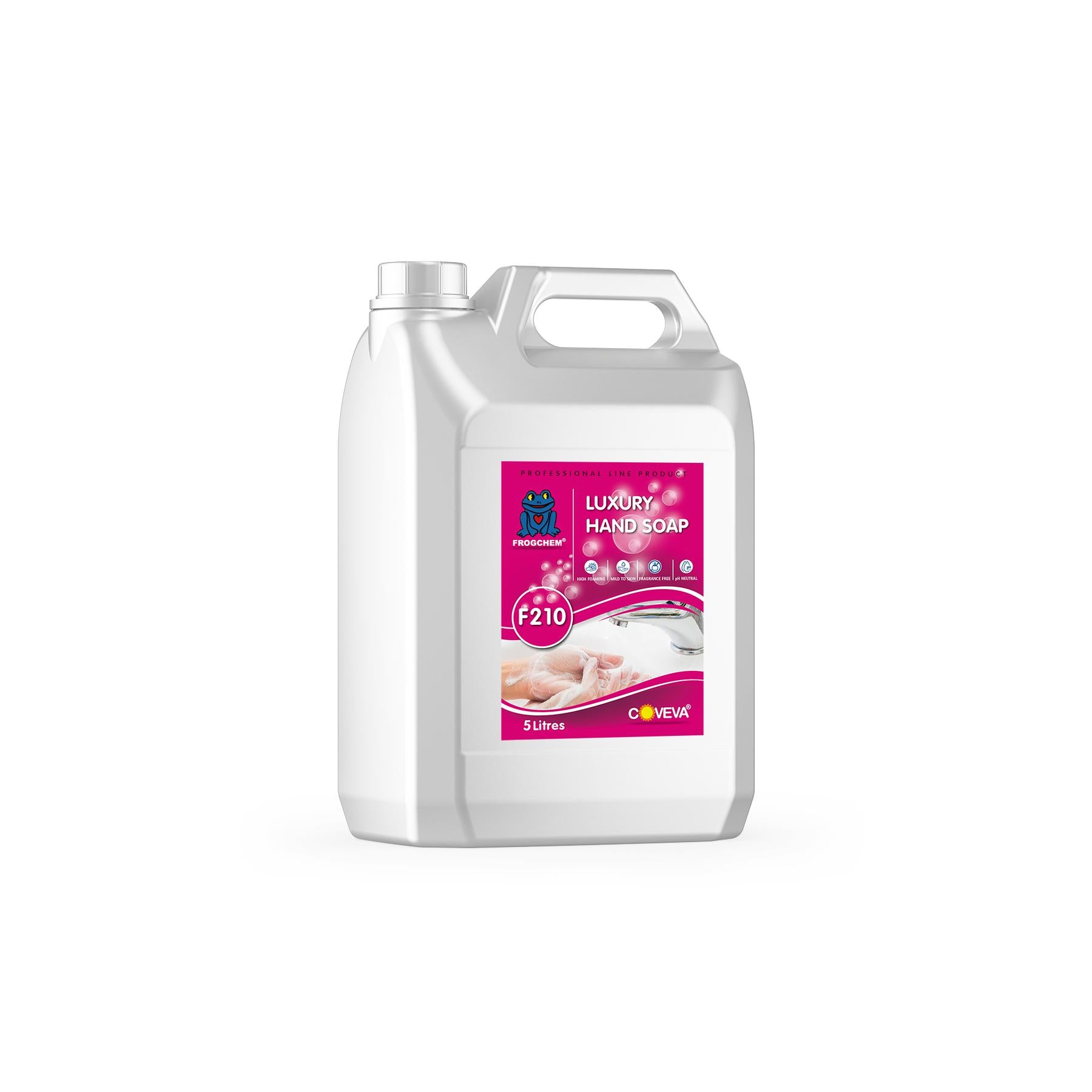 White 5-litre jerry can of Frogchem Luxury Hand Soap with pink label, showing hands washing under a tap.