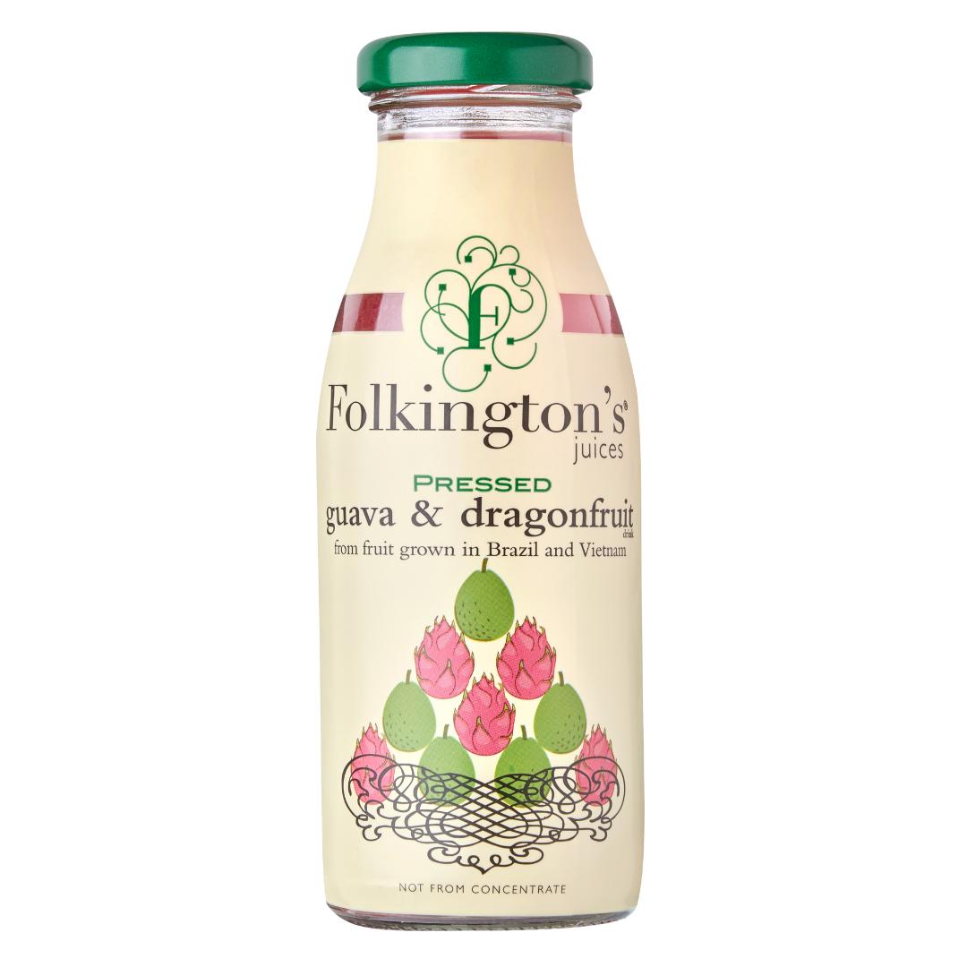 Folkington's Pressed Guava & Dragonfruit Juice bottle with green cap and fruit illustration.