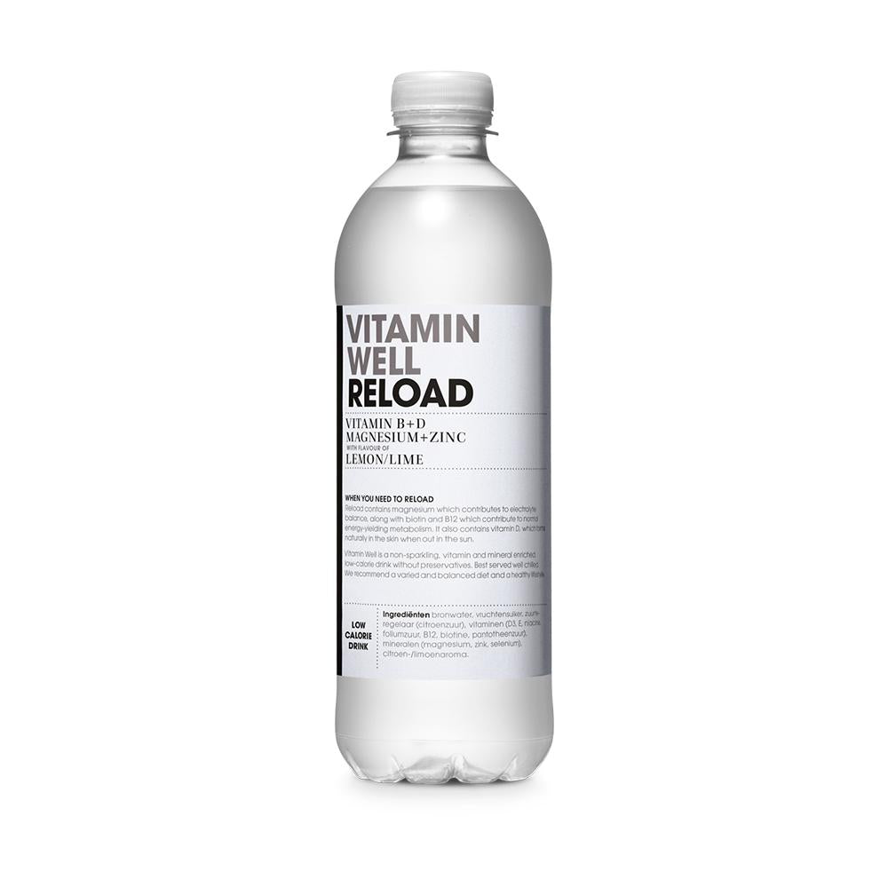 Clear plastic bottle of Vitamin Well RELOAD Lemon/Lime, with a white label detailing ingredients and benefits.