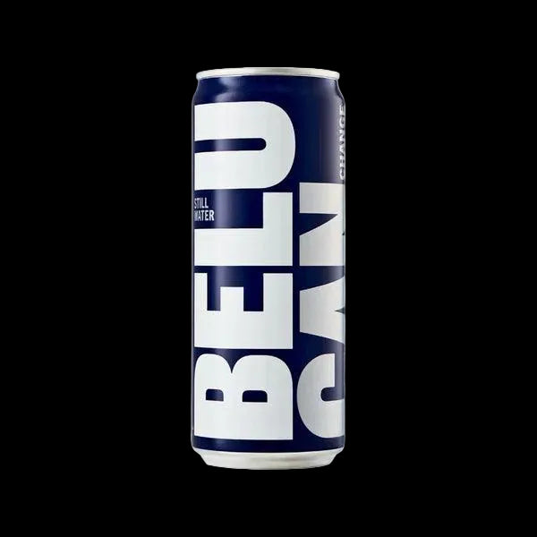 Belu Still Water 330ml can, dark blue with large white "BELU" text and "STILL WATER" label.