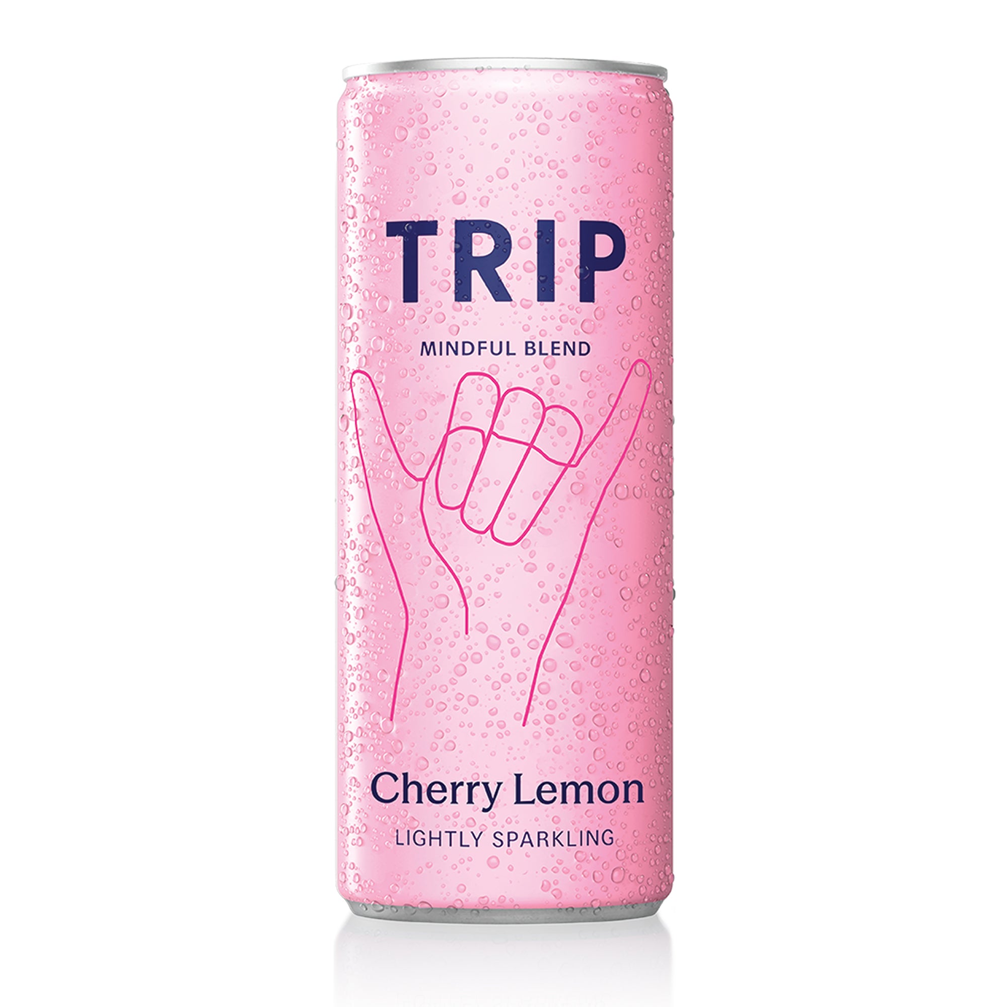 Pink Trip Cherry Lemon sparkling drink can with water droplets and a hand gesture design.