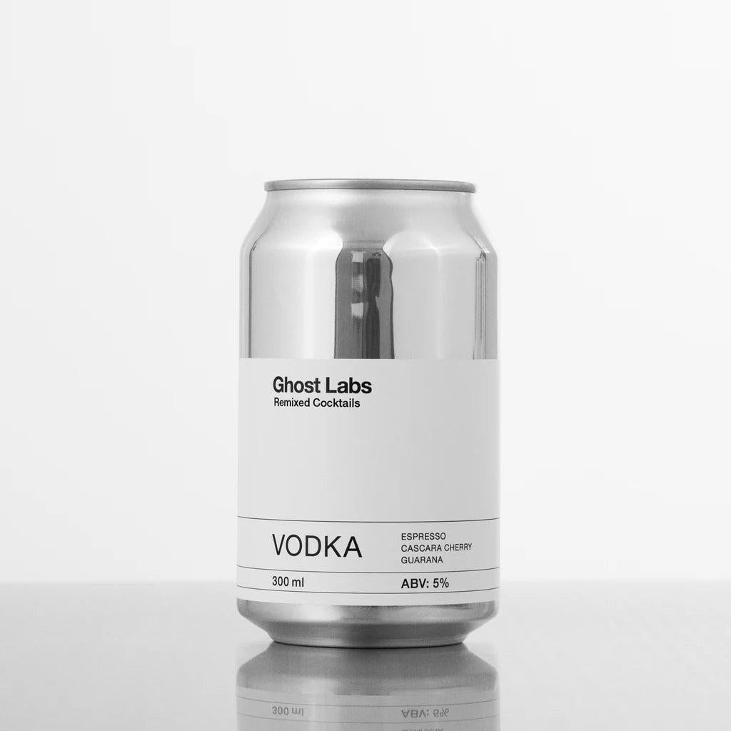 Sleek silver Ghost Labs Vodka can with white label, 300ml, 5% ABV, Espresso, Cascara Cherry, Guarana.
