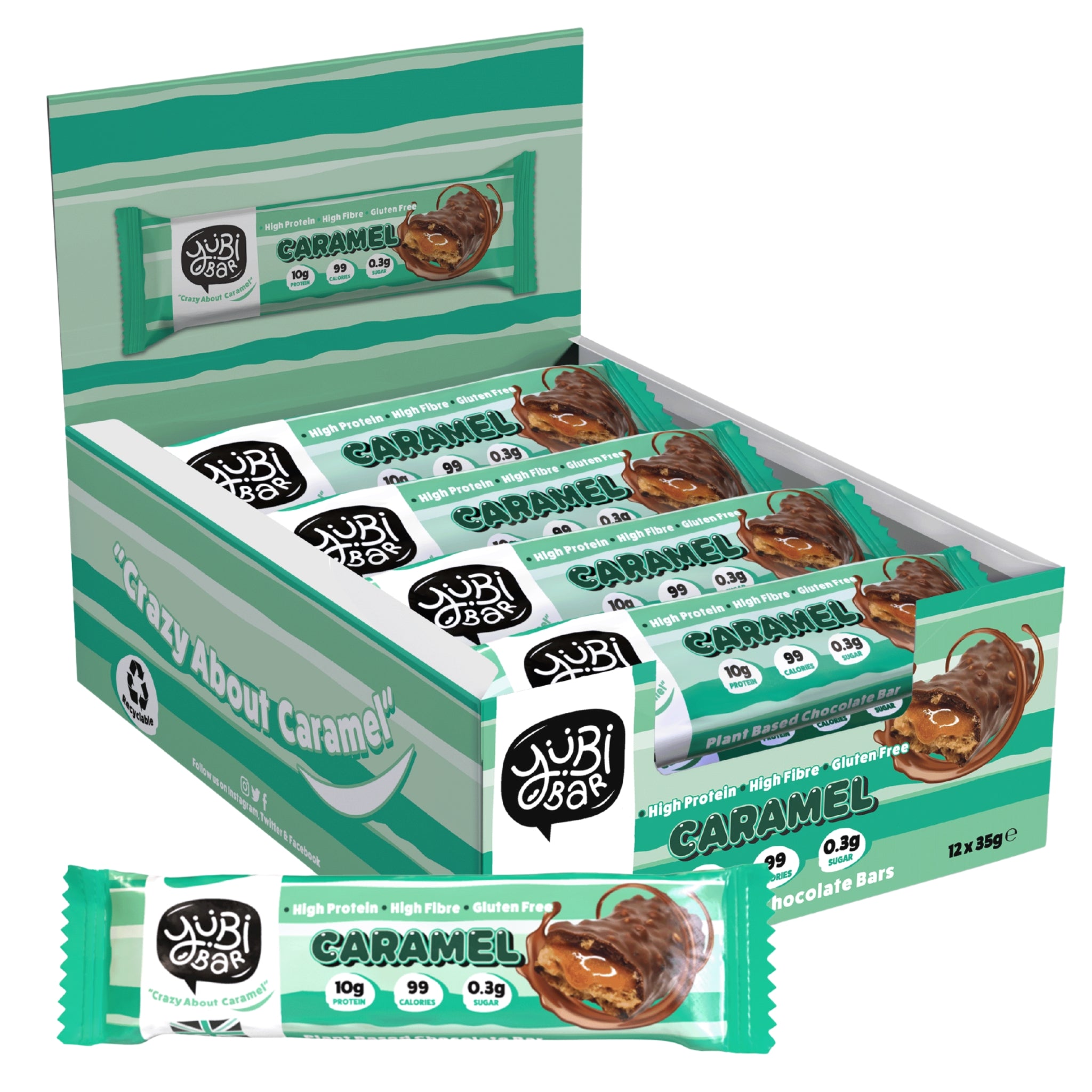 Open box of 12 green YuBi Bar Caramel Protein Bars, with one bar unwrapped showing gooey caramel.