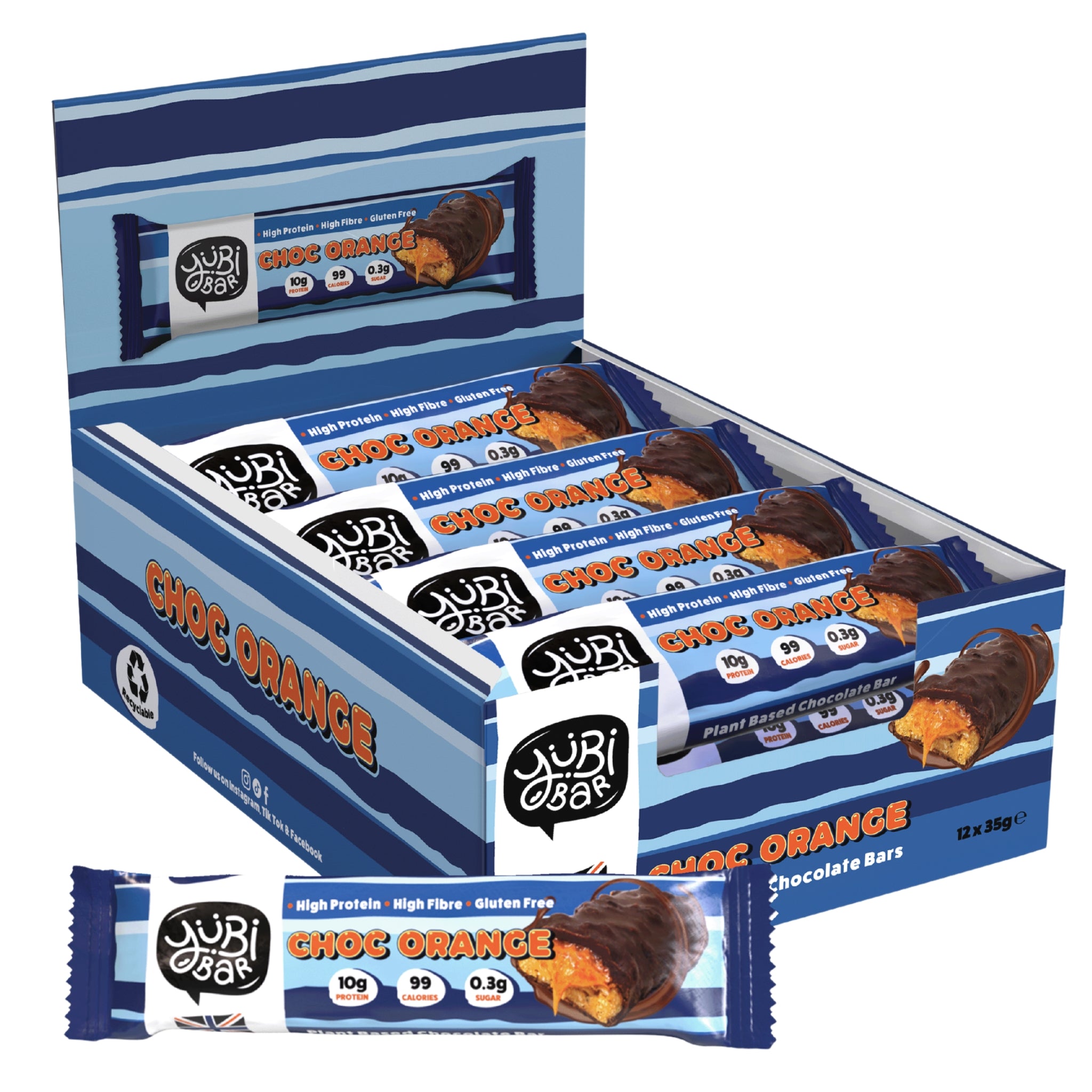 YuBi Bar Choc Orange protein bars in a blue display box, with one bar unwrapped showing a chocolate-coated, orange-layered snack.