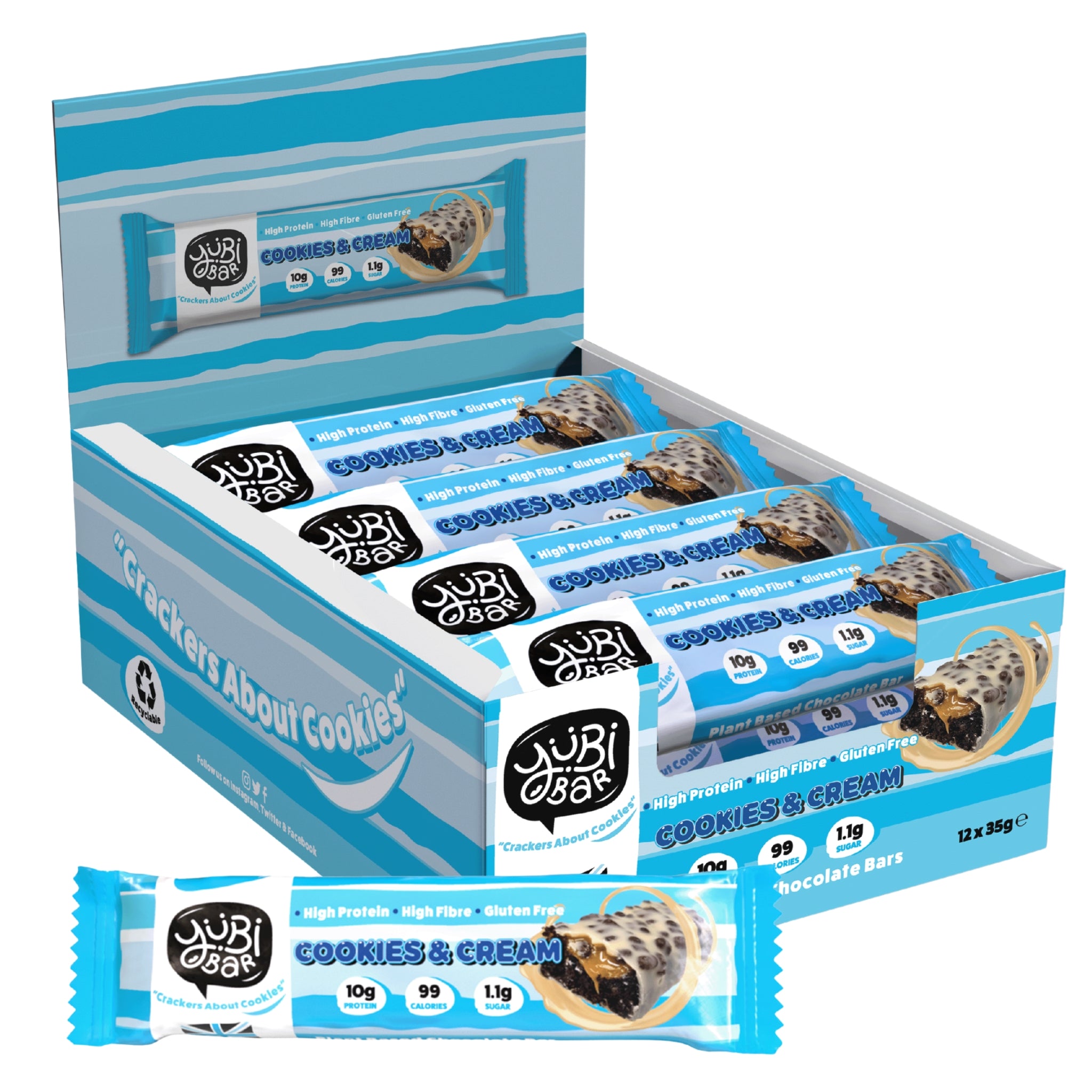 Open box of 12 YuBi Bar Cookies & Cream protein bars, light blue packaging, with one bar unwrapped.