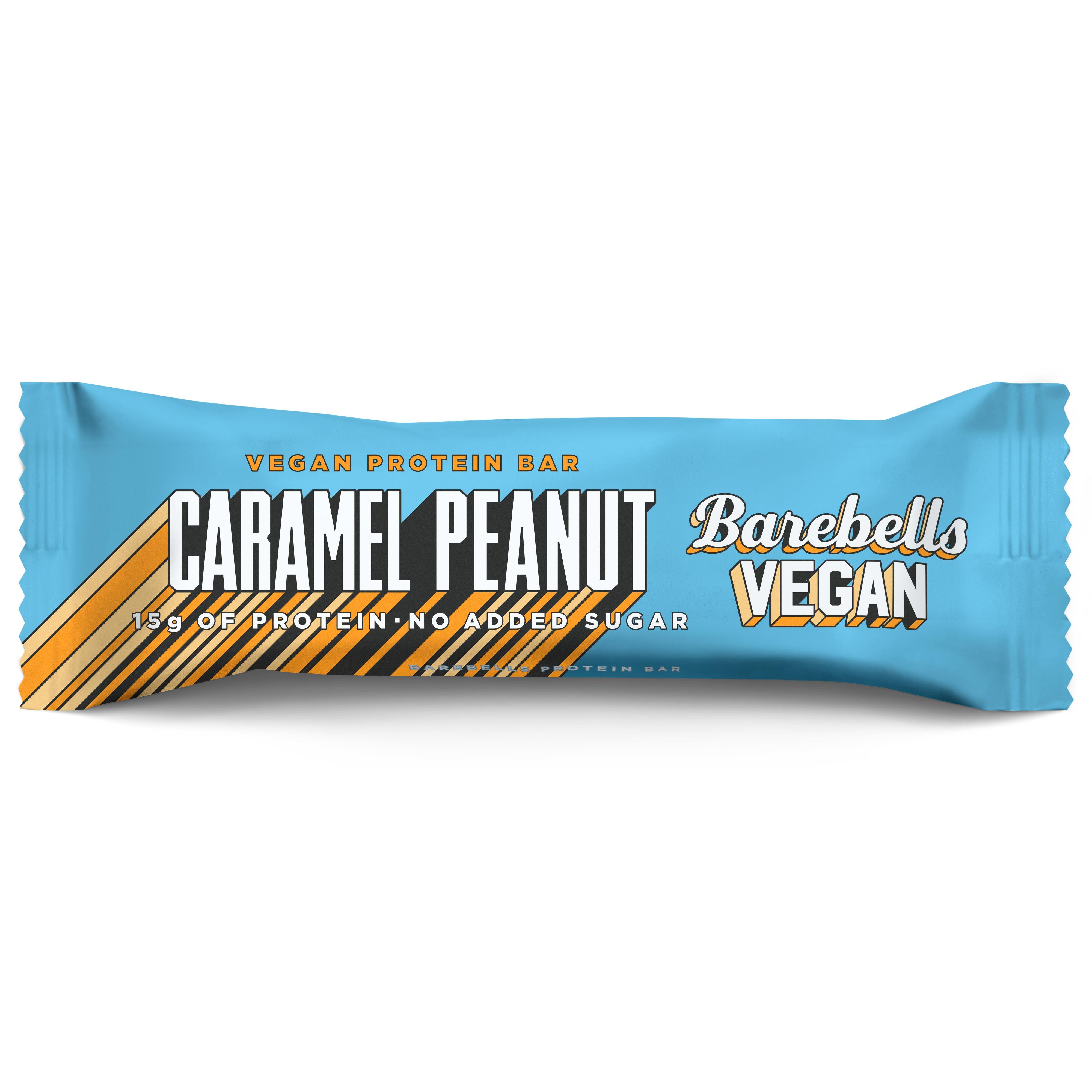 Barebells Vegan Caramel Peanut protein bar in light blue wrapper with orange and white text.