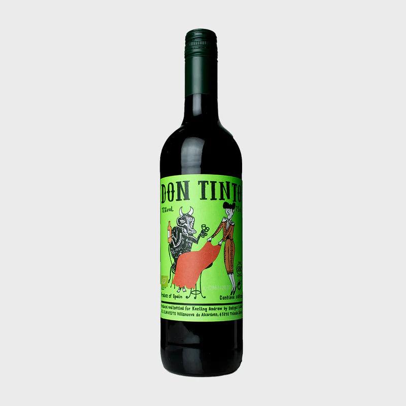Don Tinto Tempranillo red wine bottle with a green label featuring a bull and matador illustration.