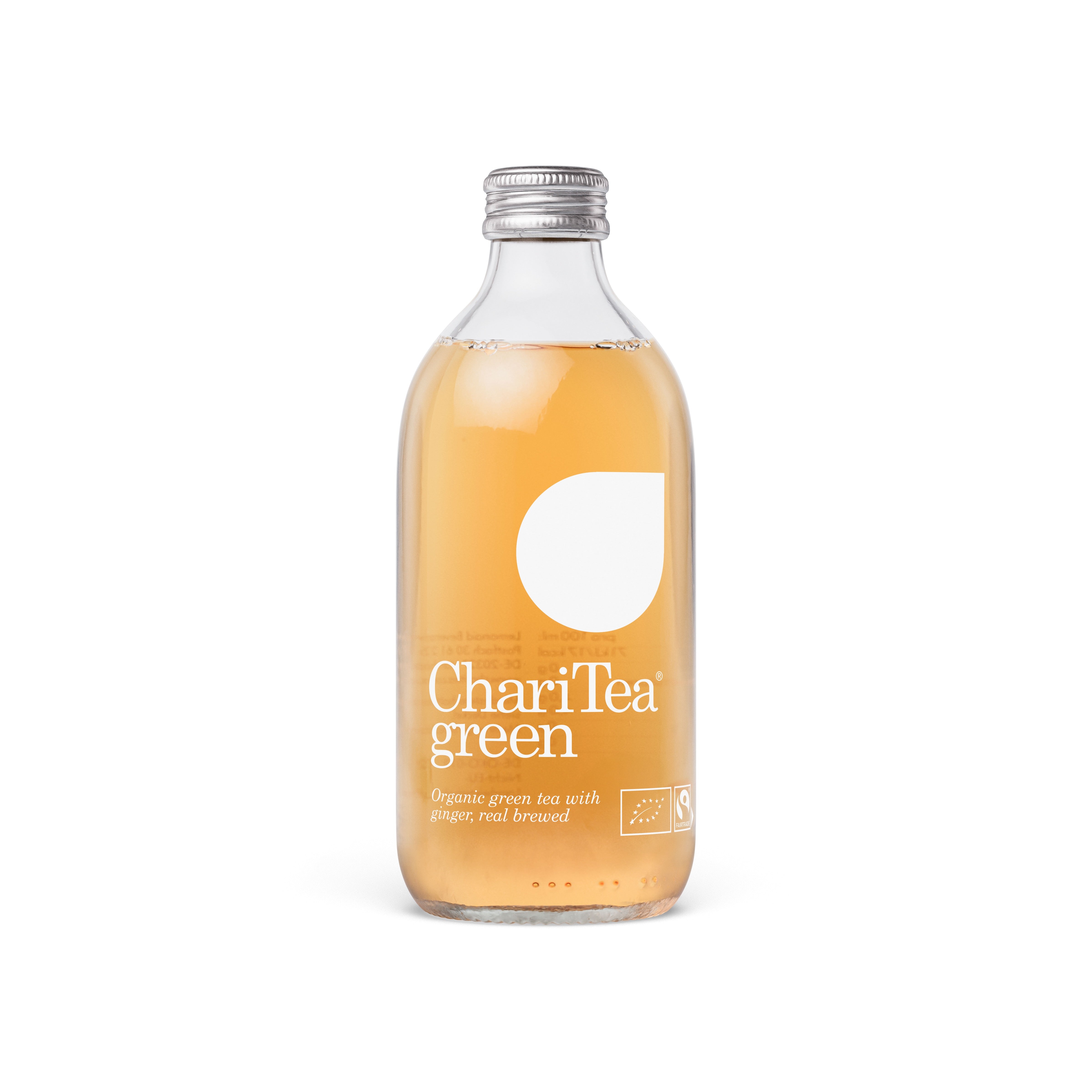 ChariTea Green organic iced tea in a clear 330ml glass bottle with a silver cap and white label.