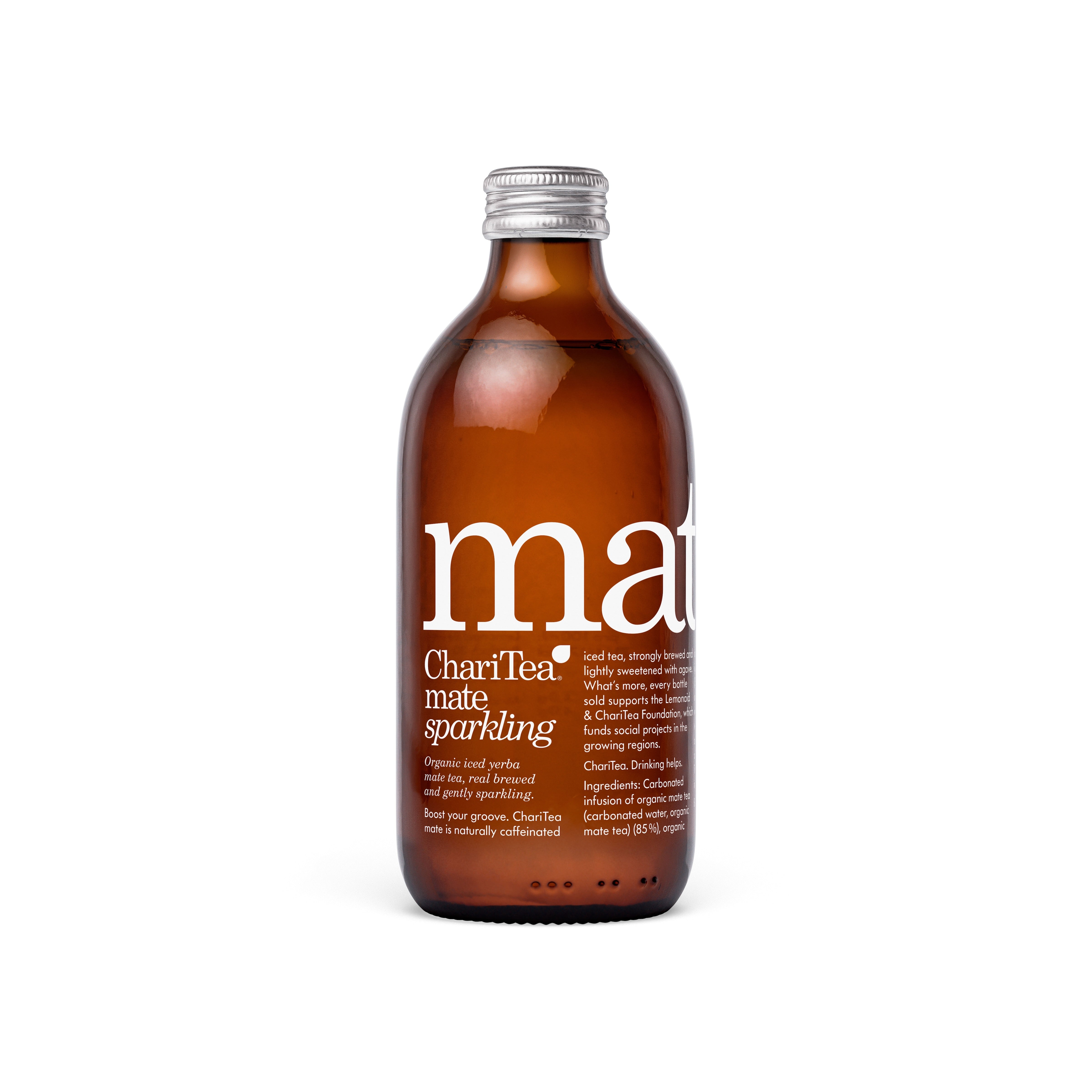 ChariTea Mate Sparkling 330ml amber glass bottle with silver cap and white label.