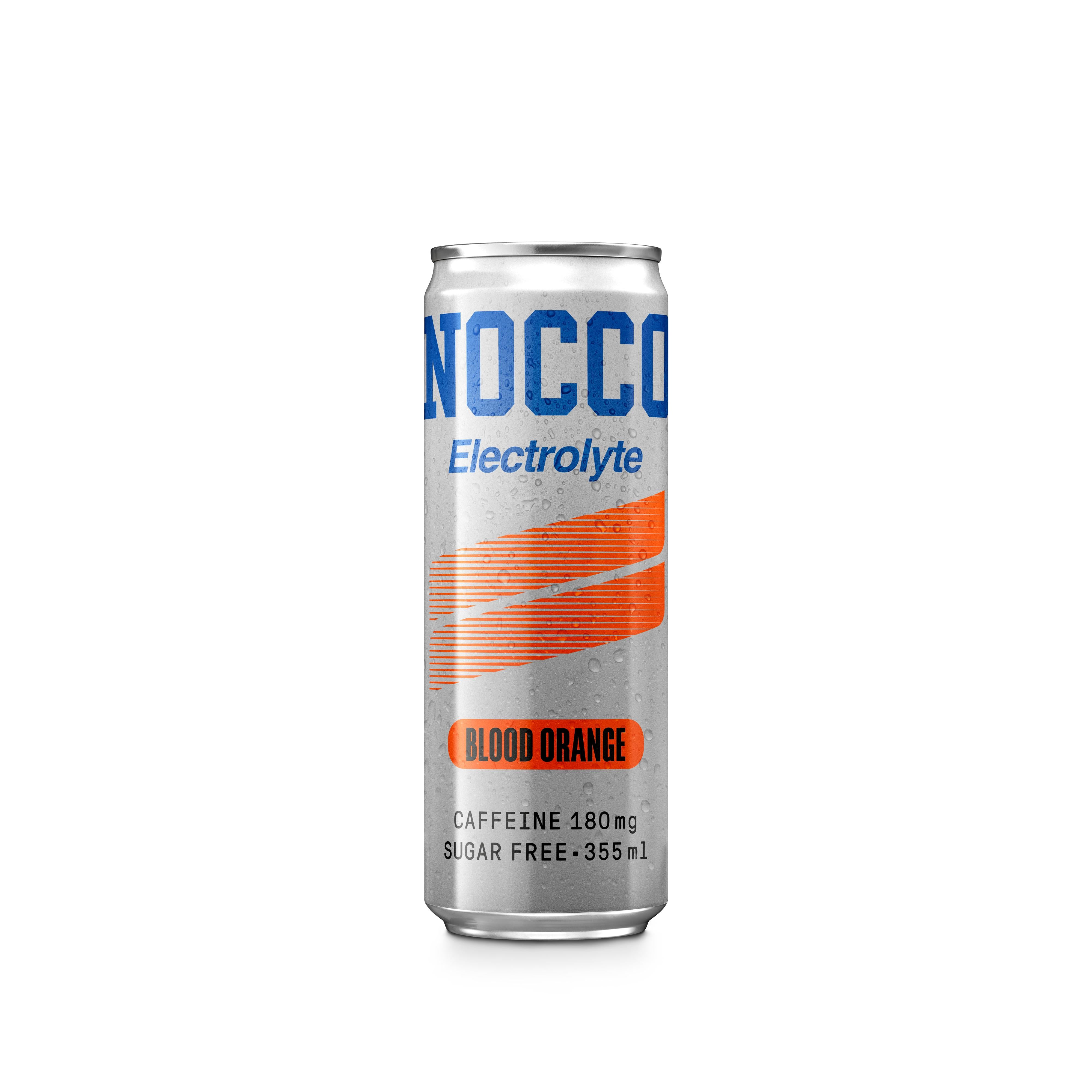 Silver NOCCO Blood Orange 355ml can with blue logo, orange stripe, and condensation.