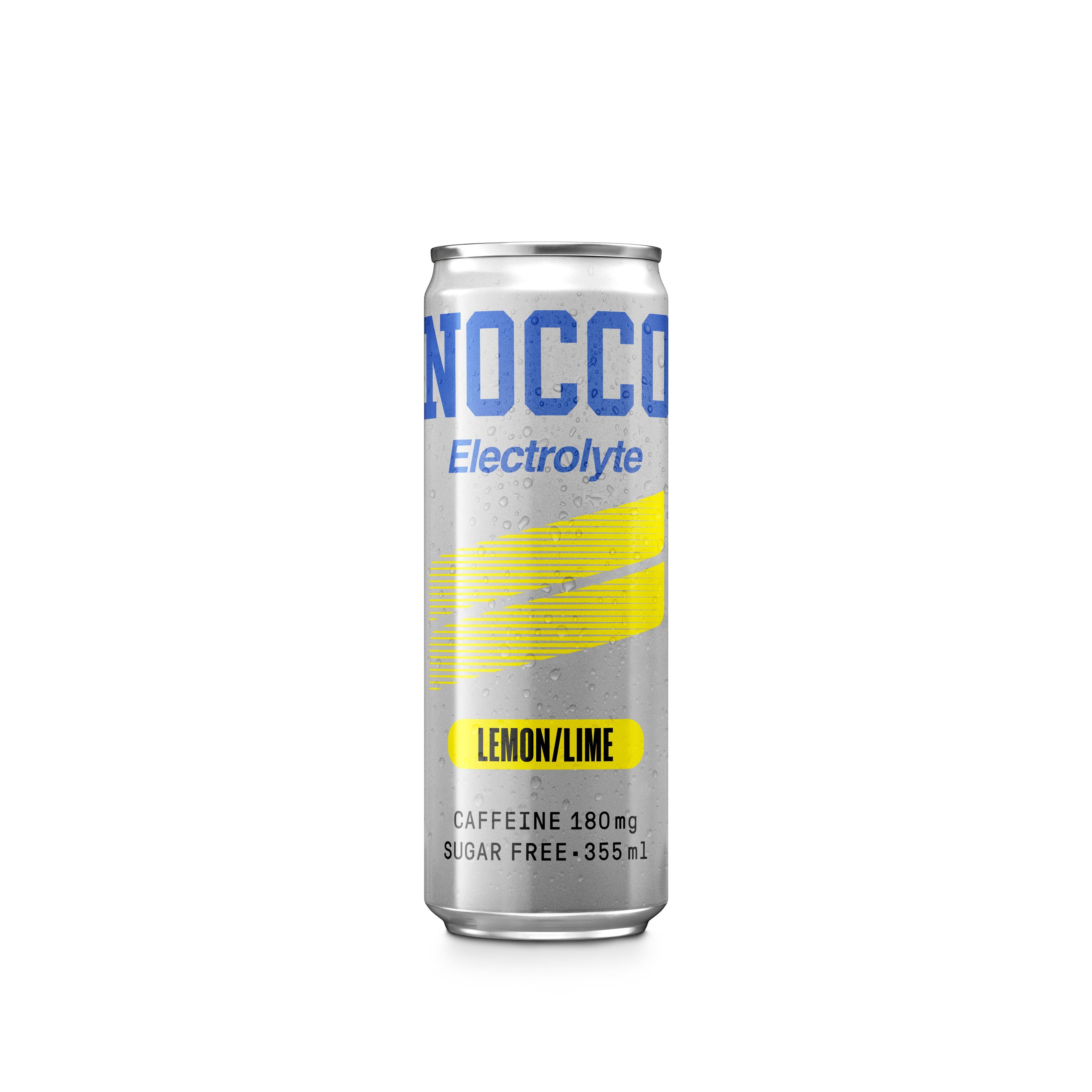 Silver NOCCO Lemon/Lime electrolyte drink can with blue logo, yellow stripes, and condensation.