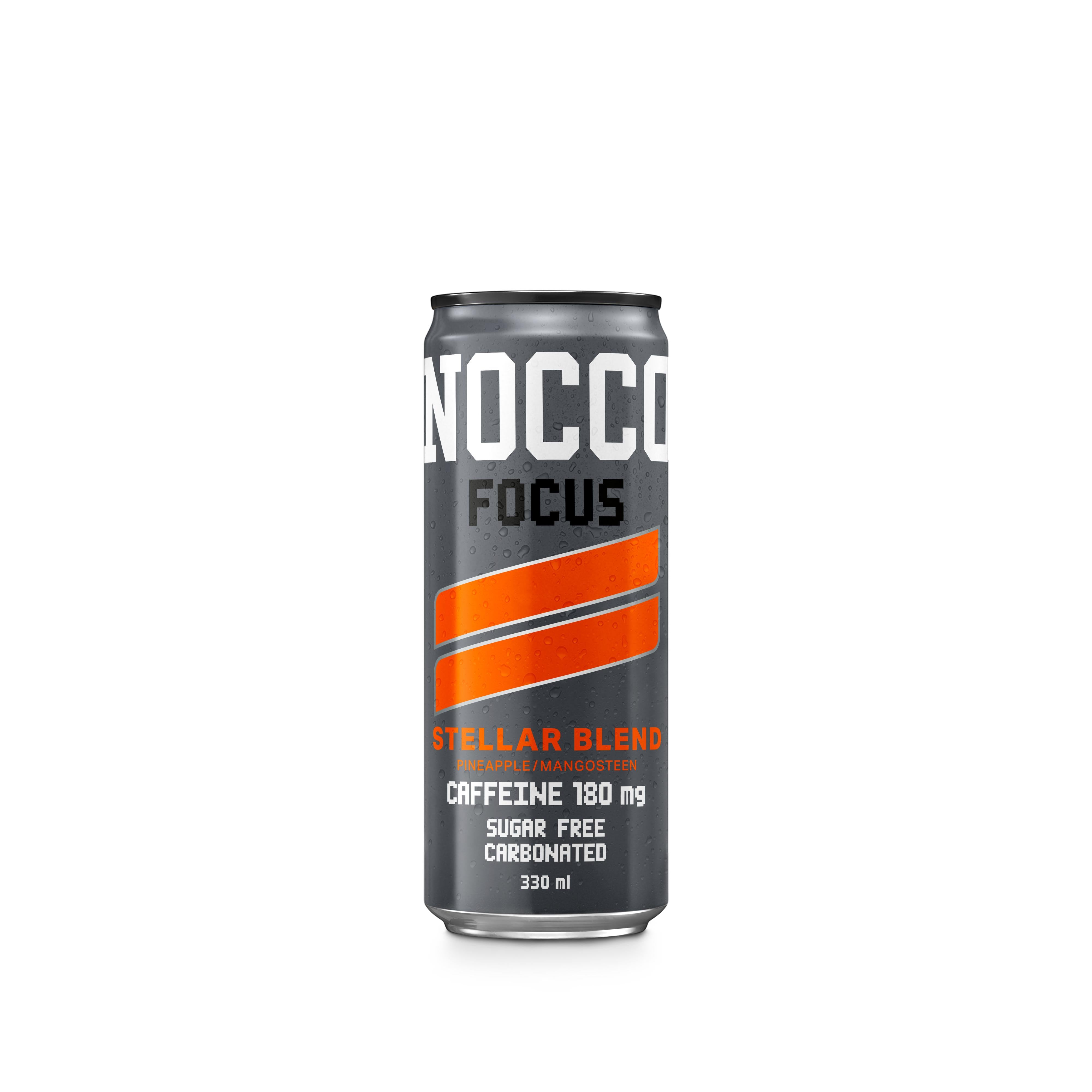 NOCCO Focus Stellar Blend 330ml can, dark gray with orange stripes, pineapple and mangosteen flavor.